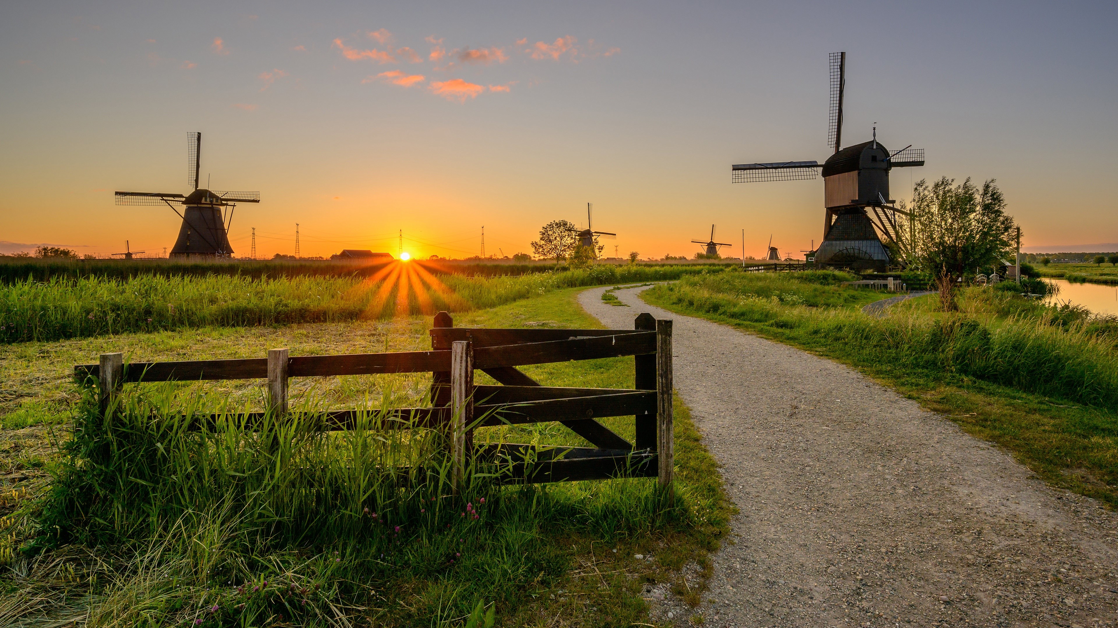 Kinderdijk Netherlands Windmills at Sunrise HD Wallpaper