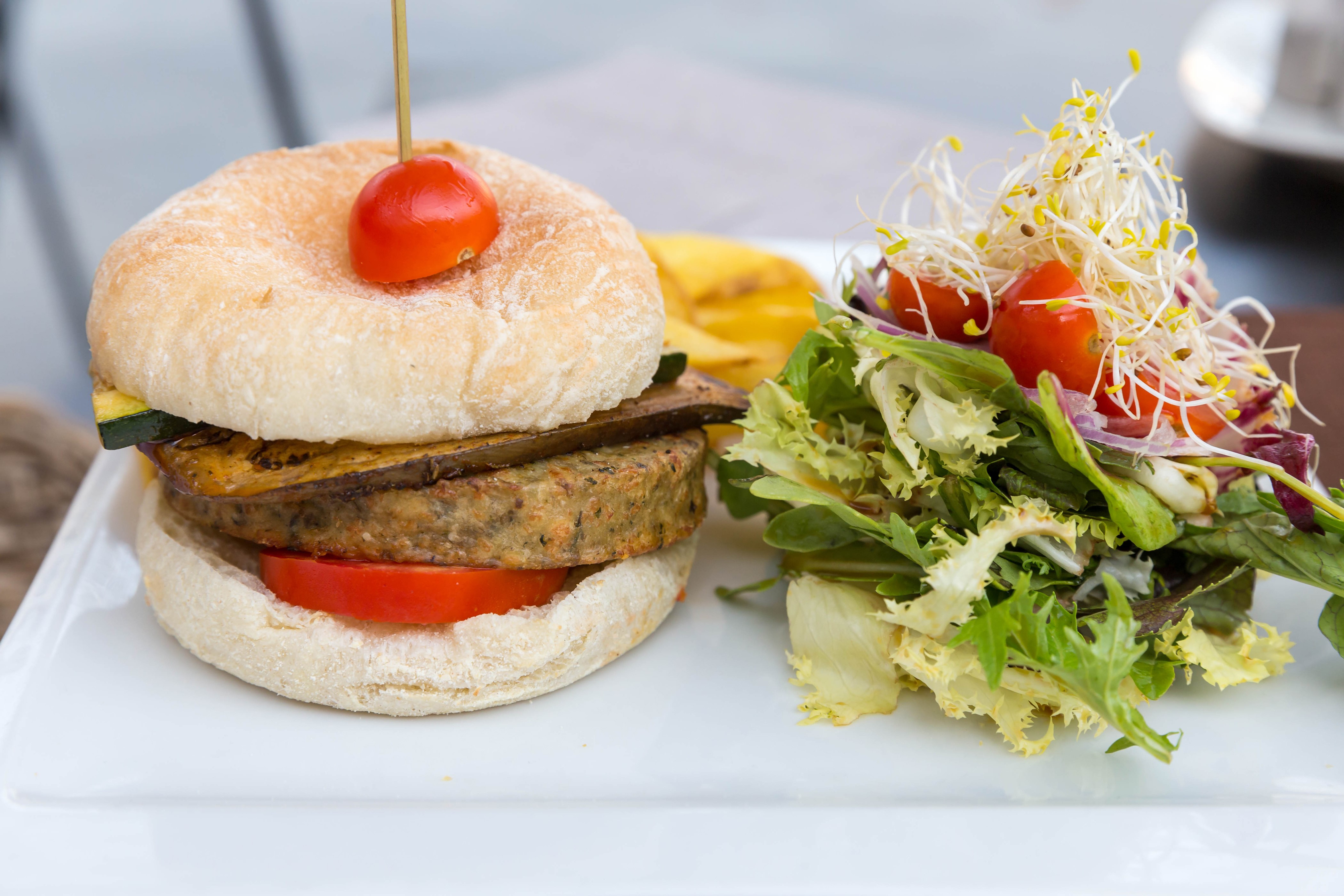 Hamburger with salad and fries HD Wallpaper