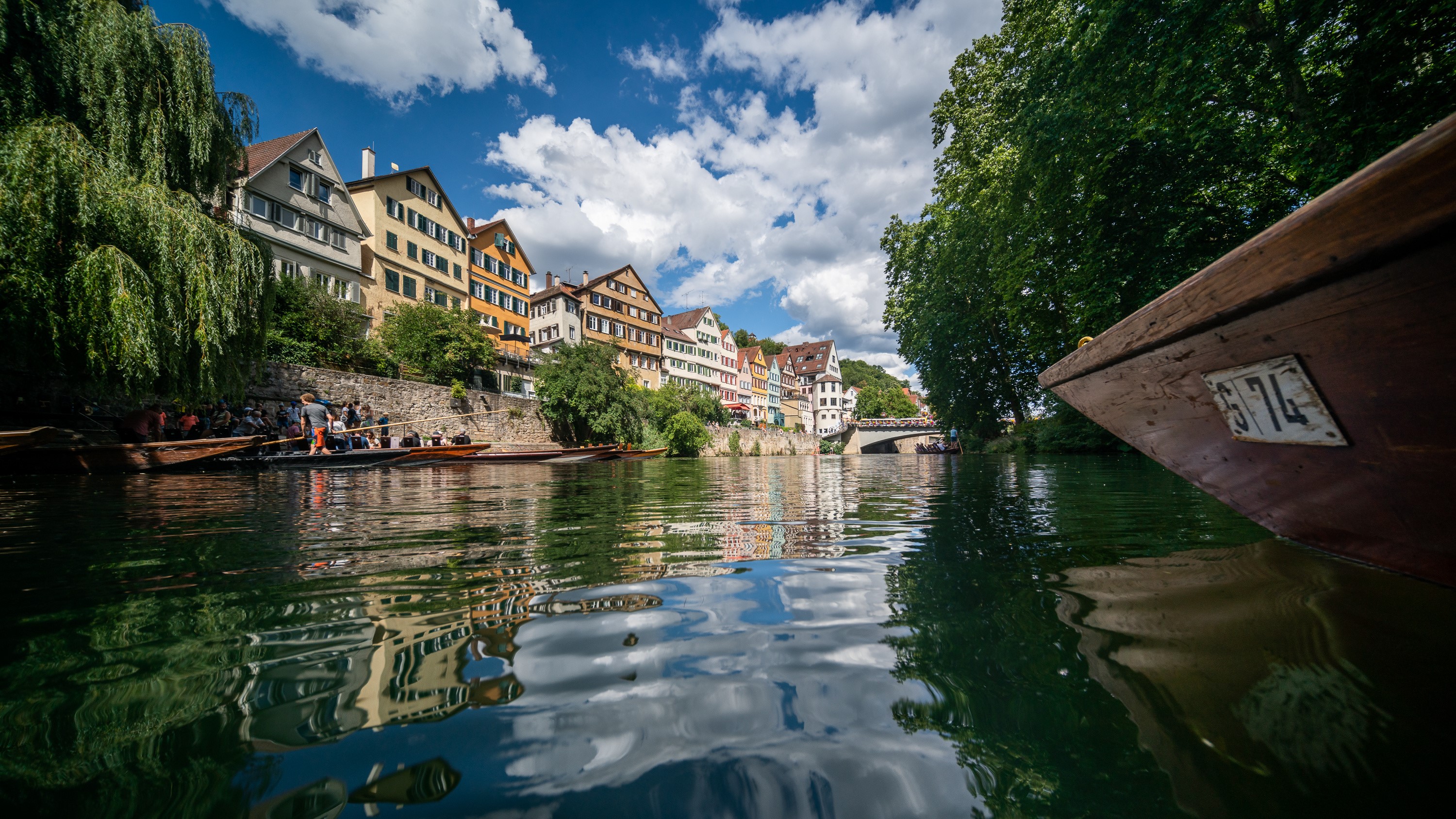 Boats on a River in Germany with Colorful Houses HD Wallpaper
