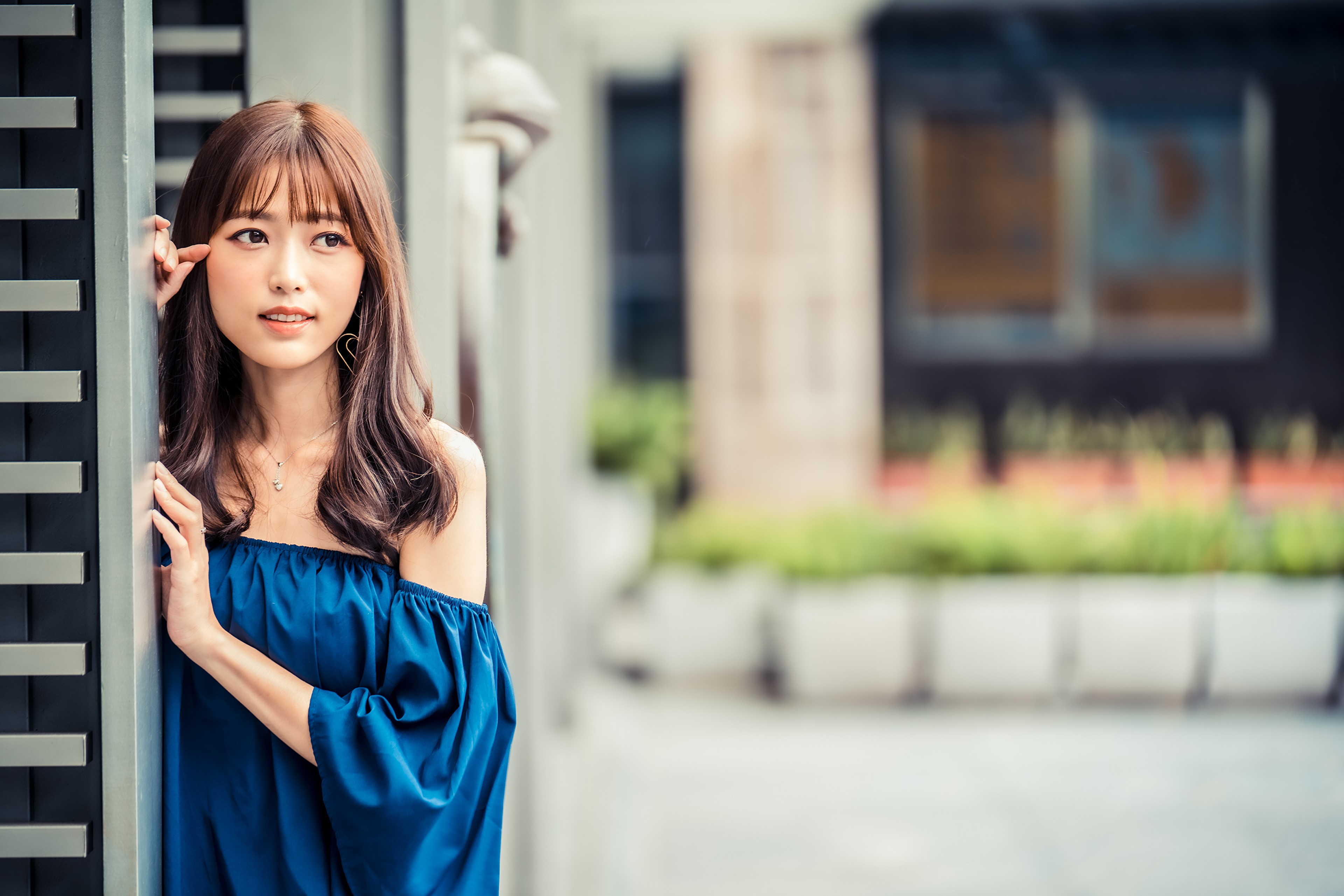 Asian woman with brown hair in blue dress HD Wallpaper