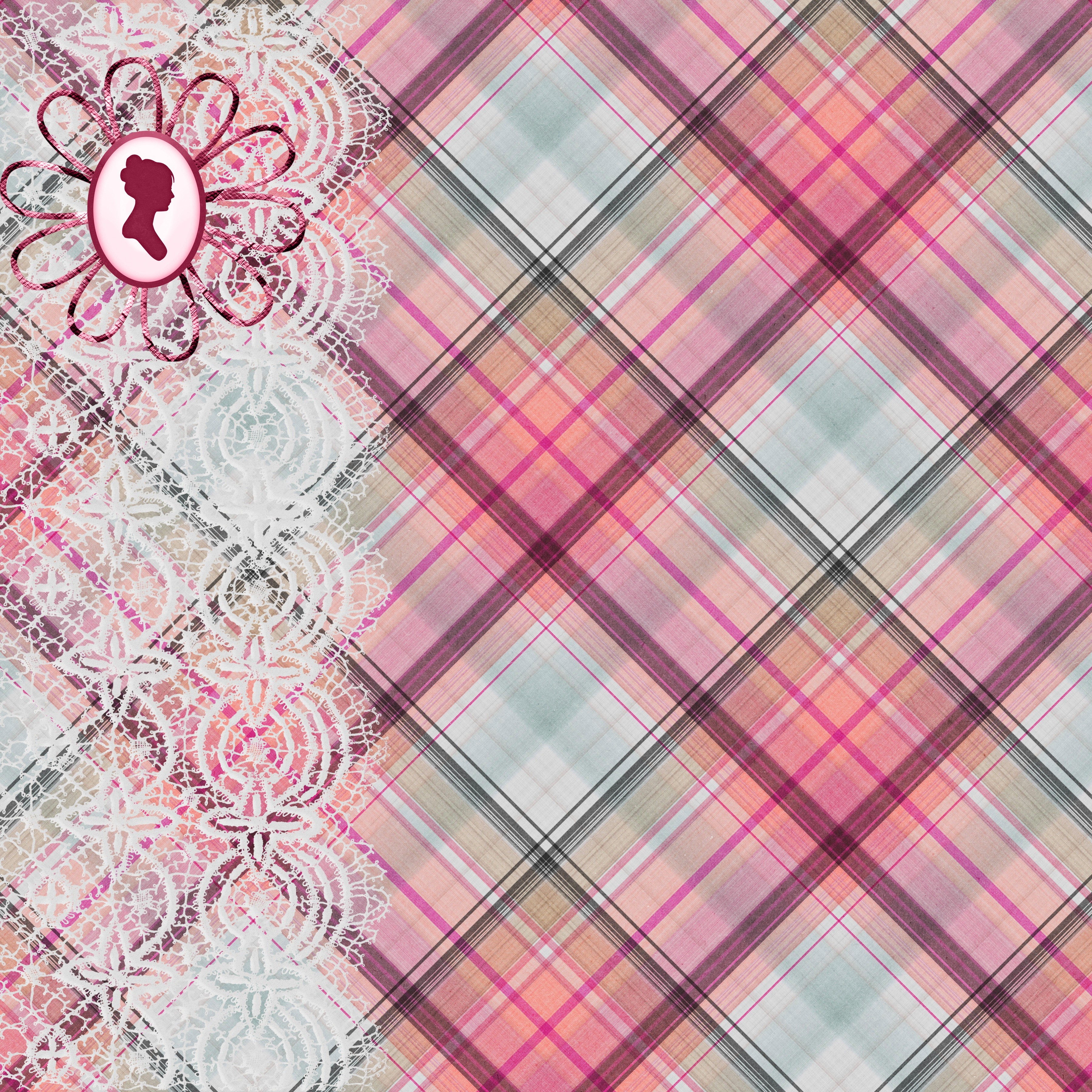 Pink and blue plaid fabric with lace trim and cameo. HD Wallpaper
