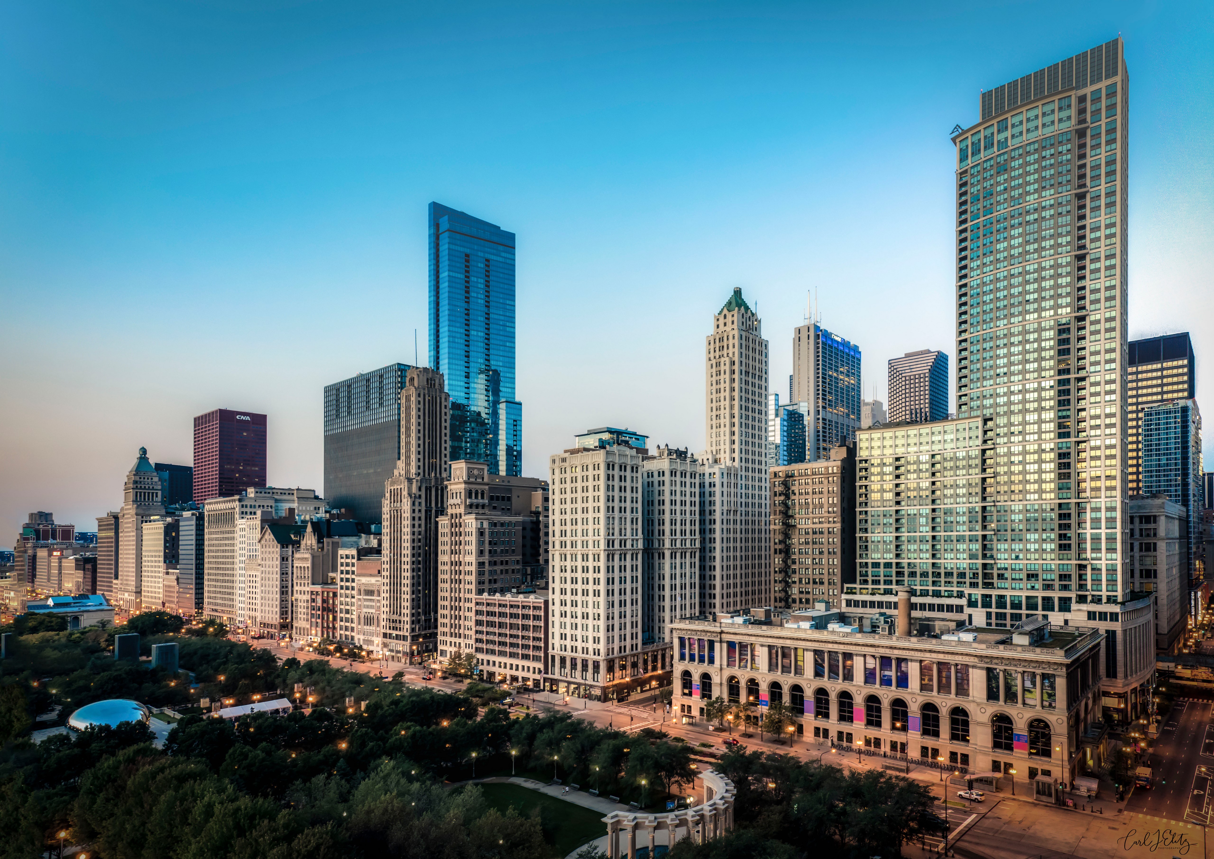 Chicago City Skyline with Park and Buildings HD Wallpaper
