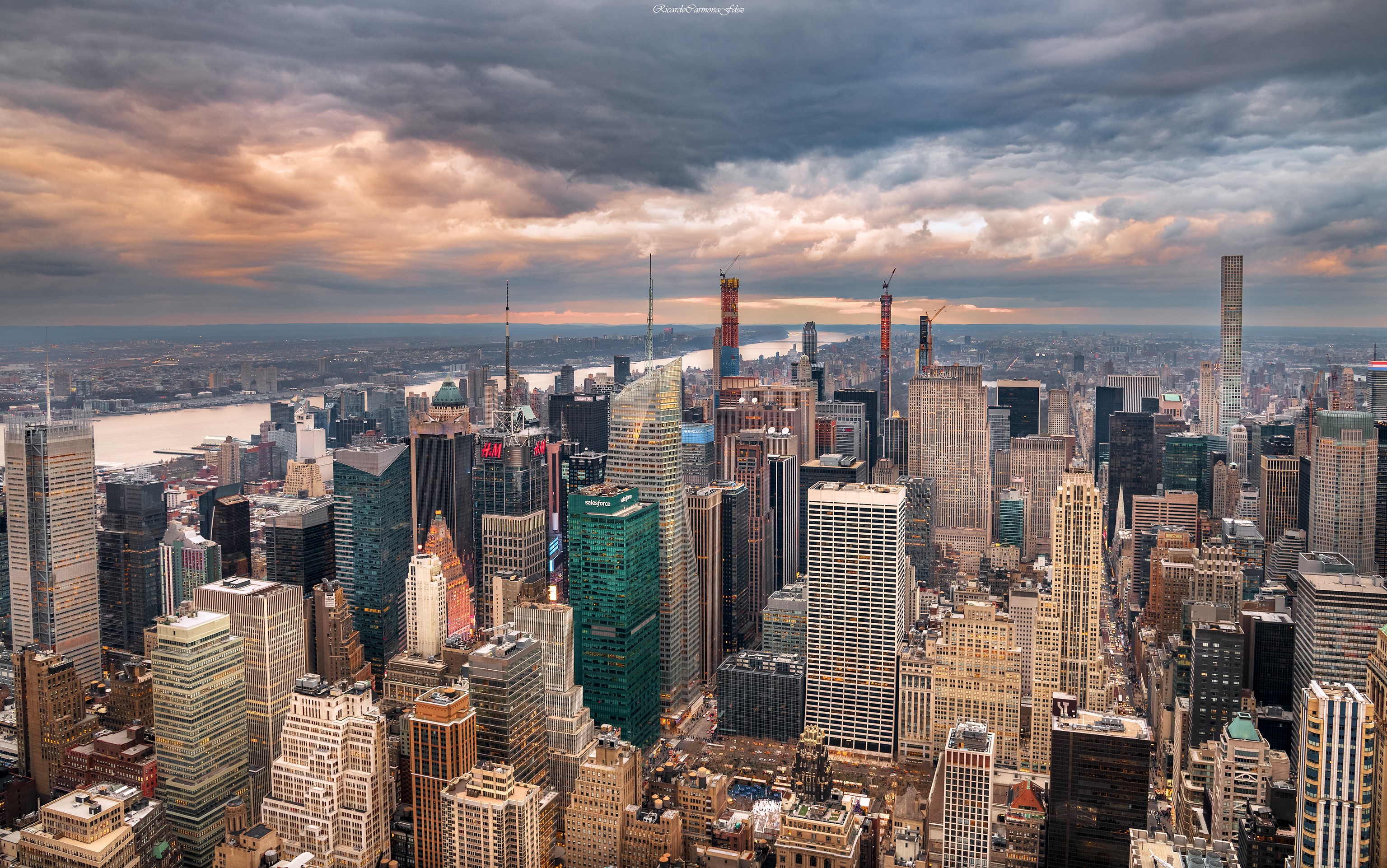 New York City Skyline from Above with Dramatic Clouds HD Wallpaper