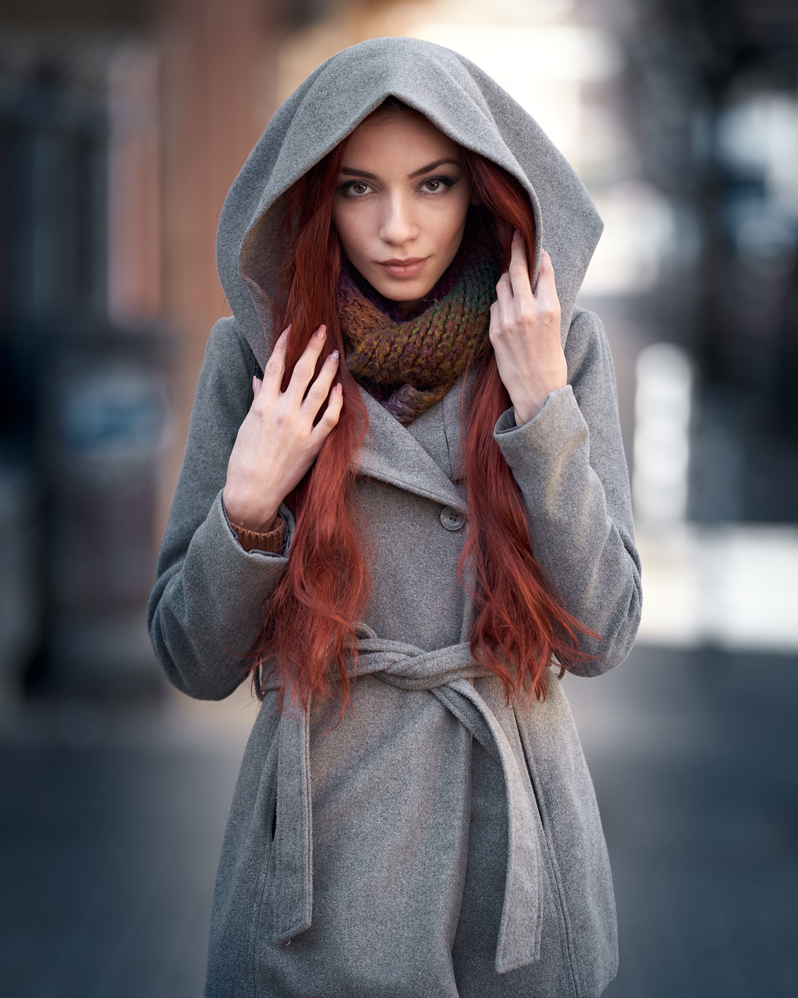 Redhead girl in a hooded coat HD Phone Wallpaper
