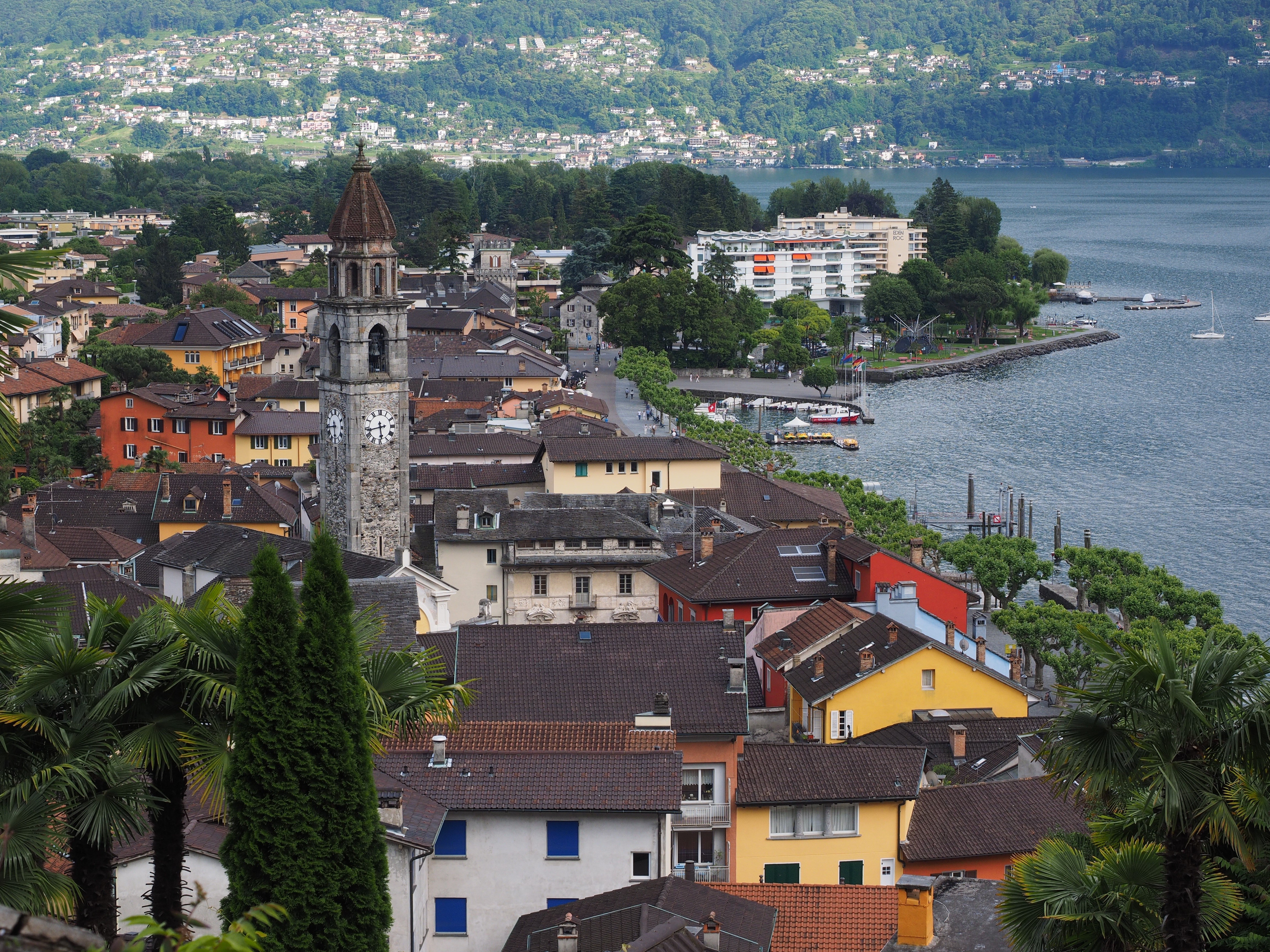 Town with Clock Tower on Lake in Switzerland HD Wallpaper