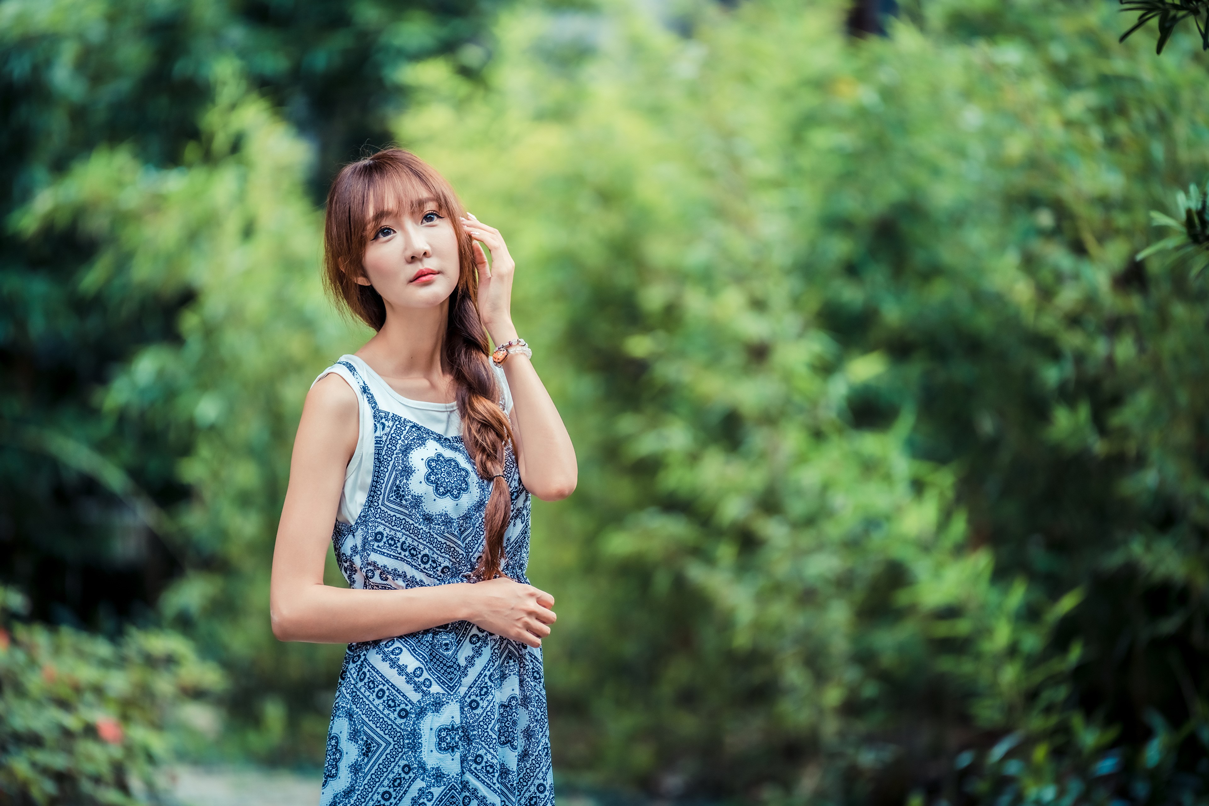 Asian woman with braid hair in a blue dress HD Wallpaper