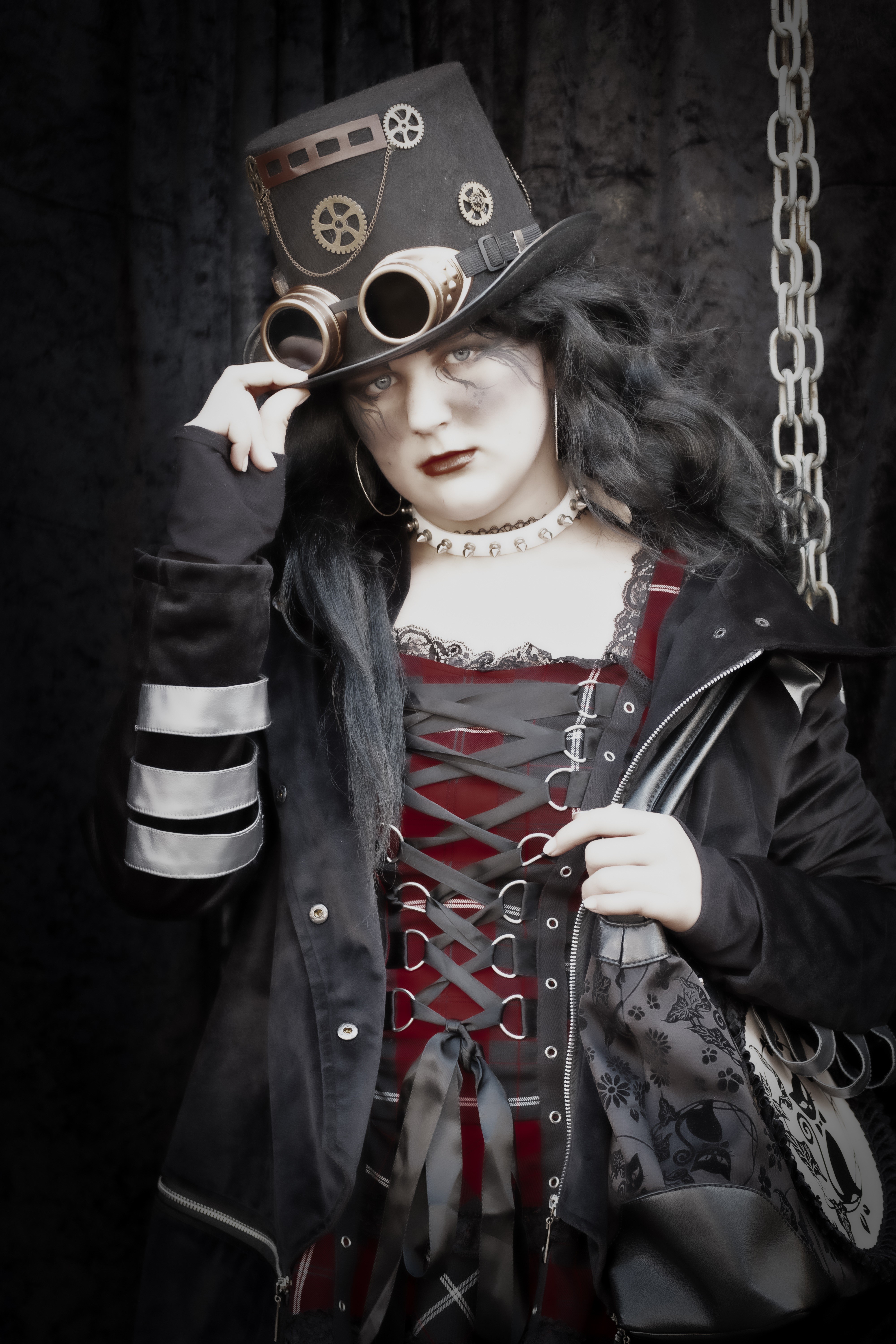 Goth Steampunk Brunette Girl with Hat and Glasses HD Phone Wallpaper