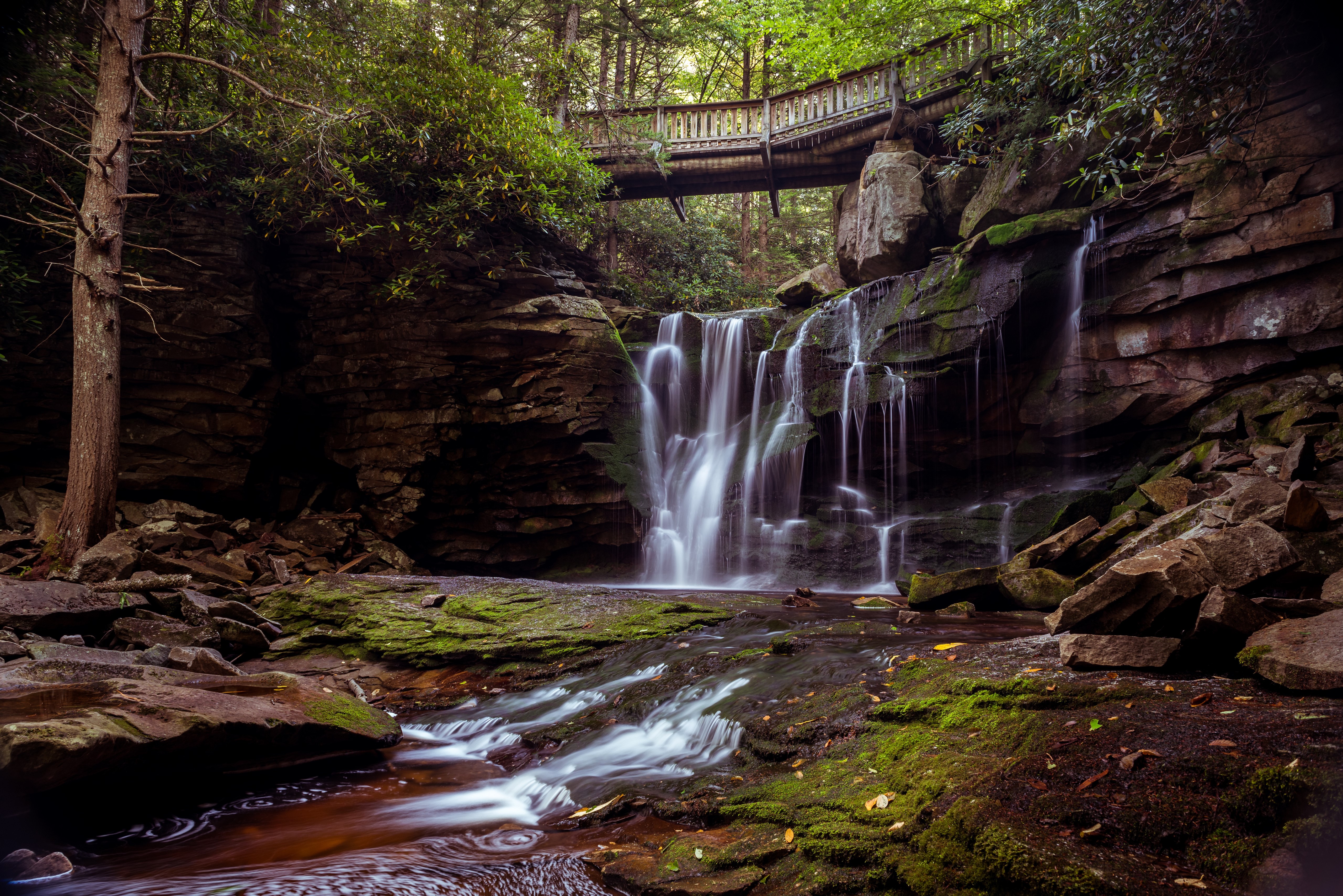 Blackwater Falls State Park Waterfall with Wooden Bridge HD Wallpaper