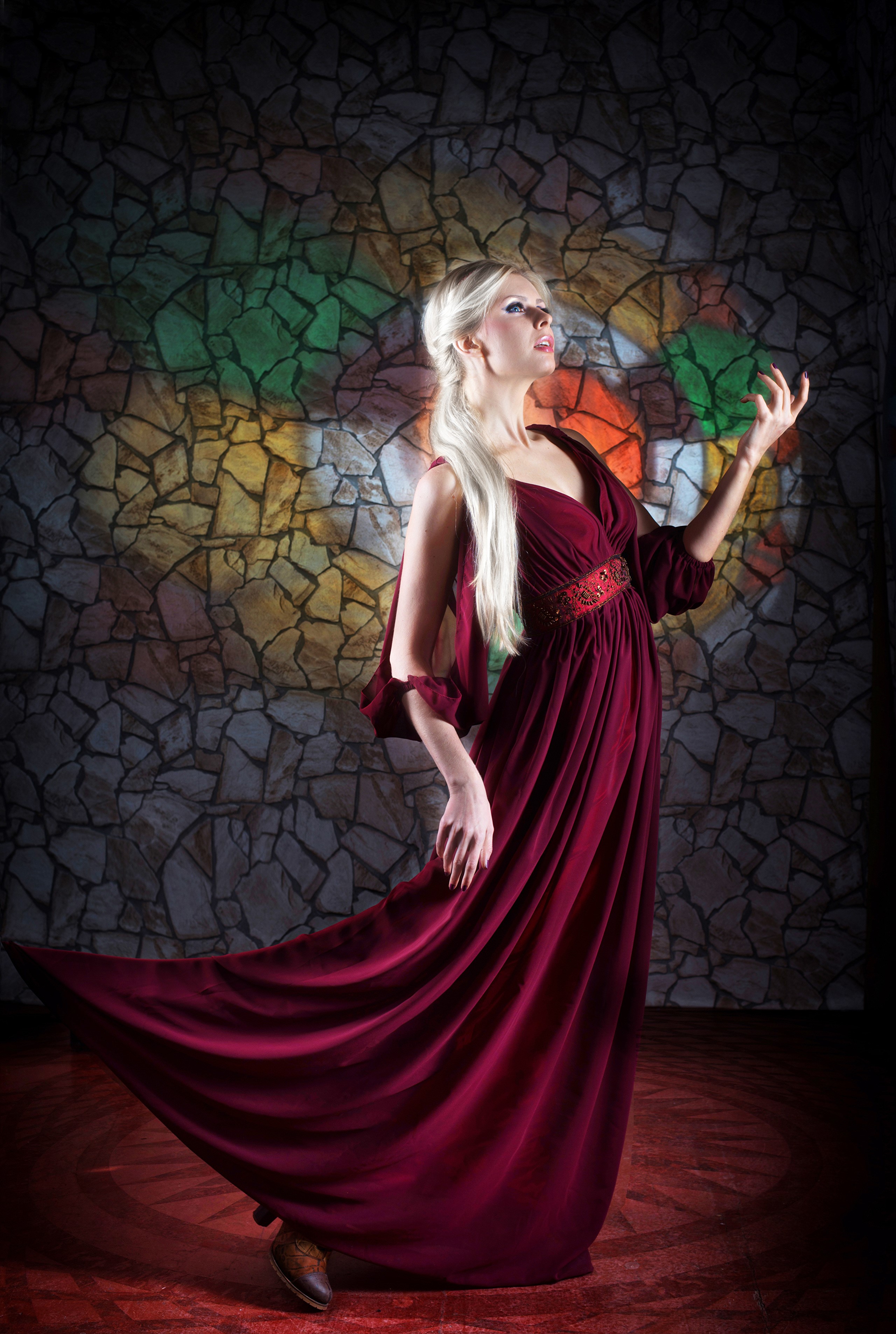 Blonde woman in a burgundy dress HD Phone Wallpaper