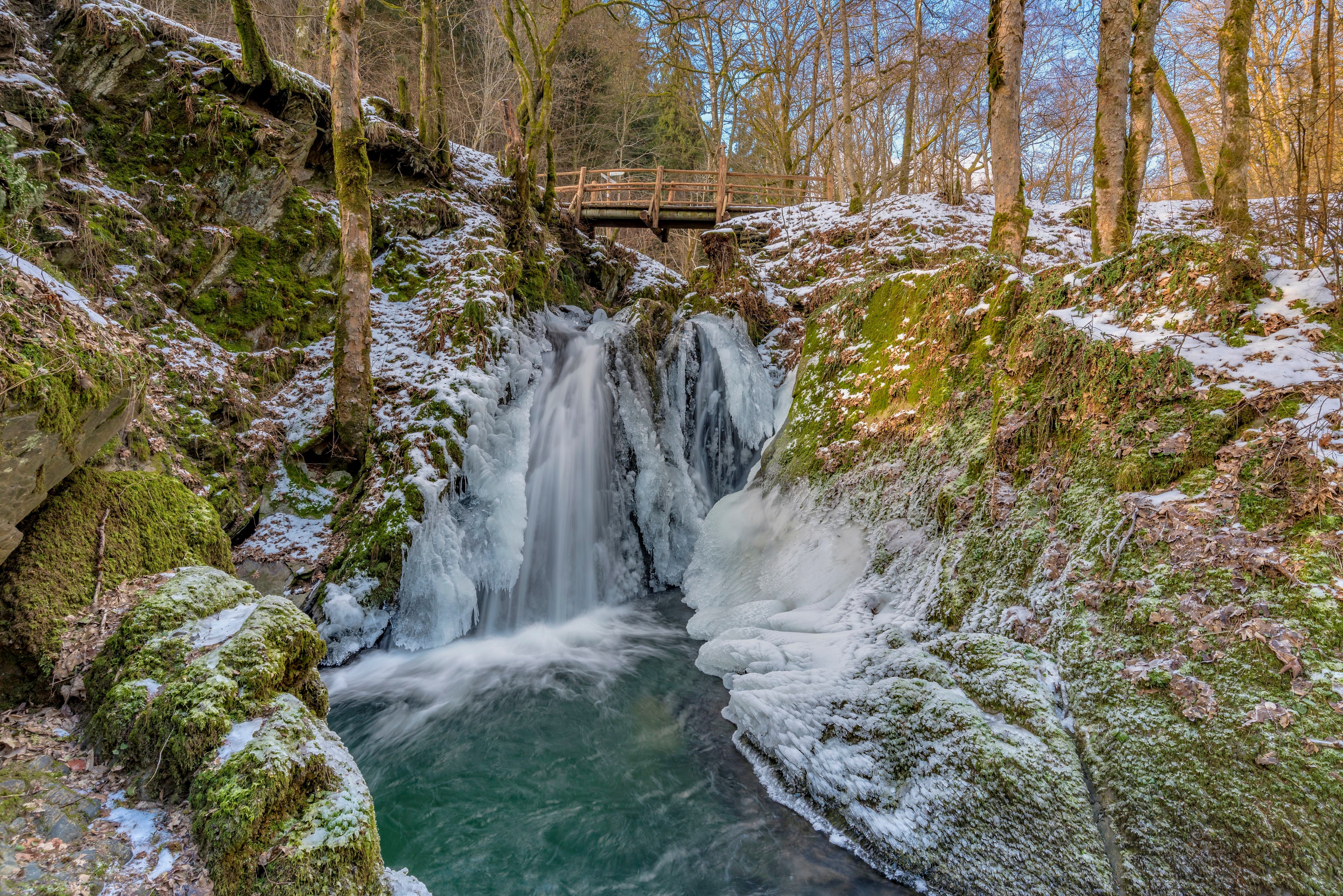 Frozen Waterfall and Bridge in Forest HD Wallpaper
