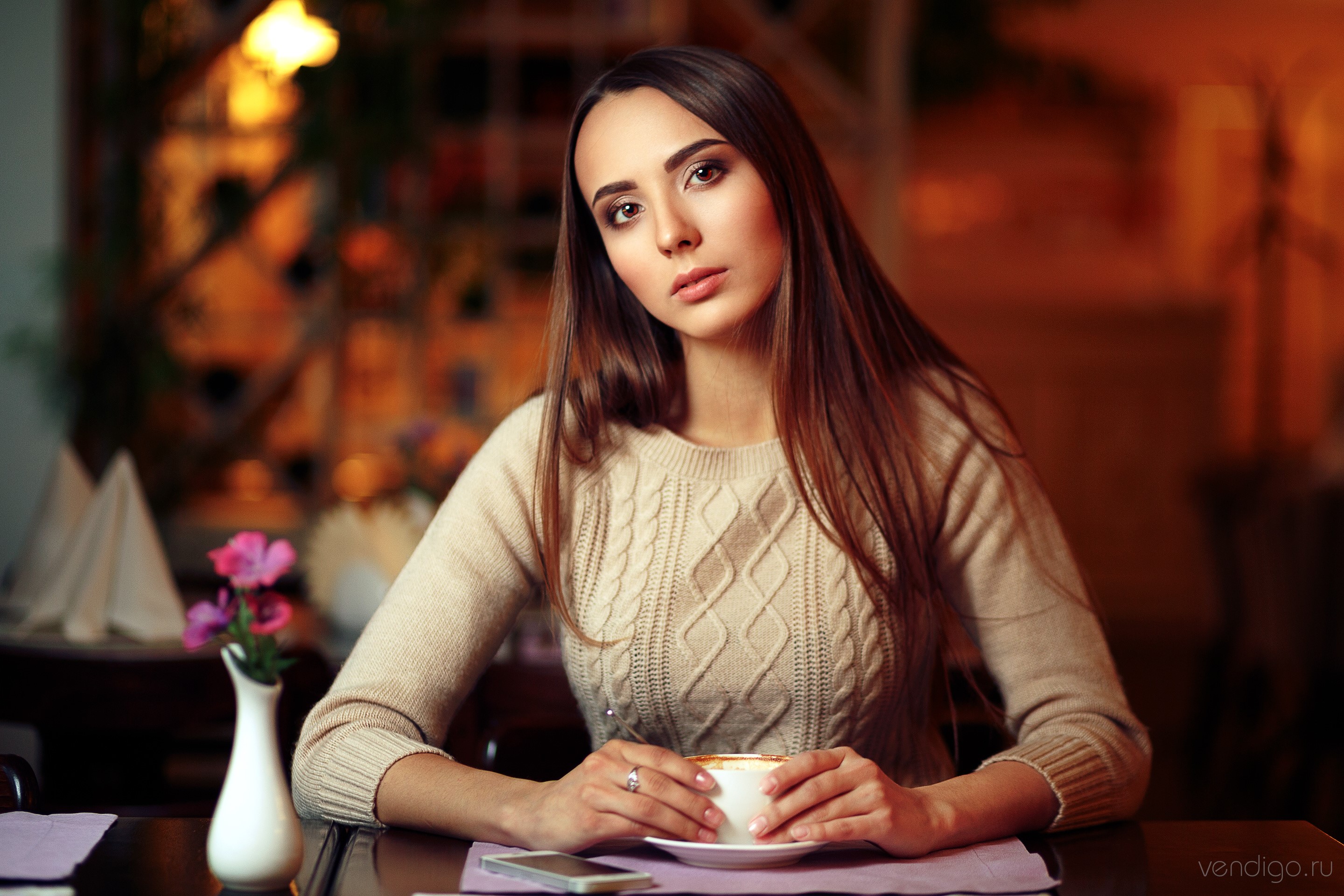 Woman in sweater holding a cup HD Wallpaper