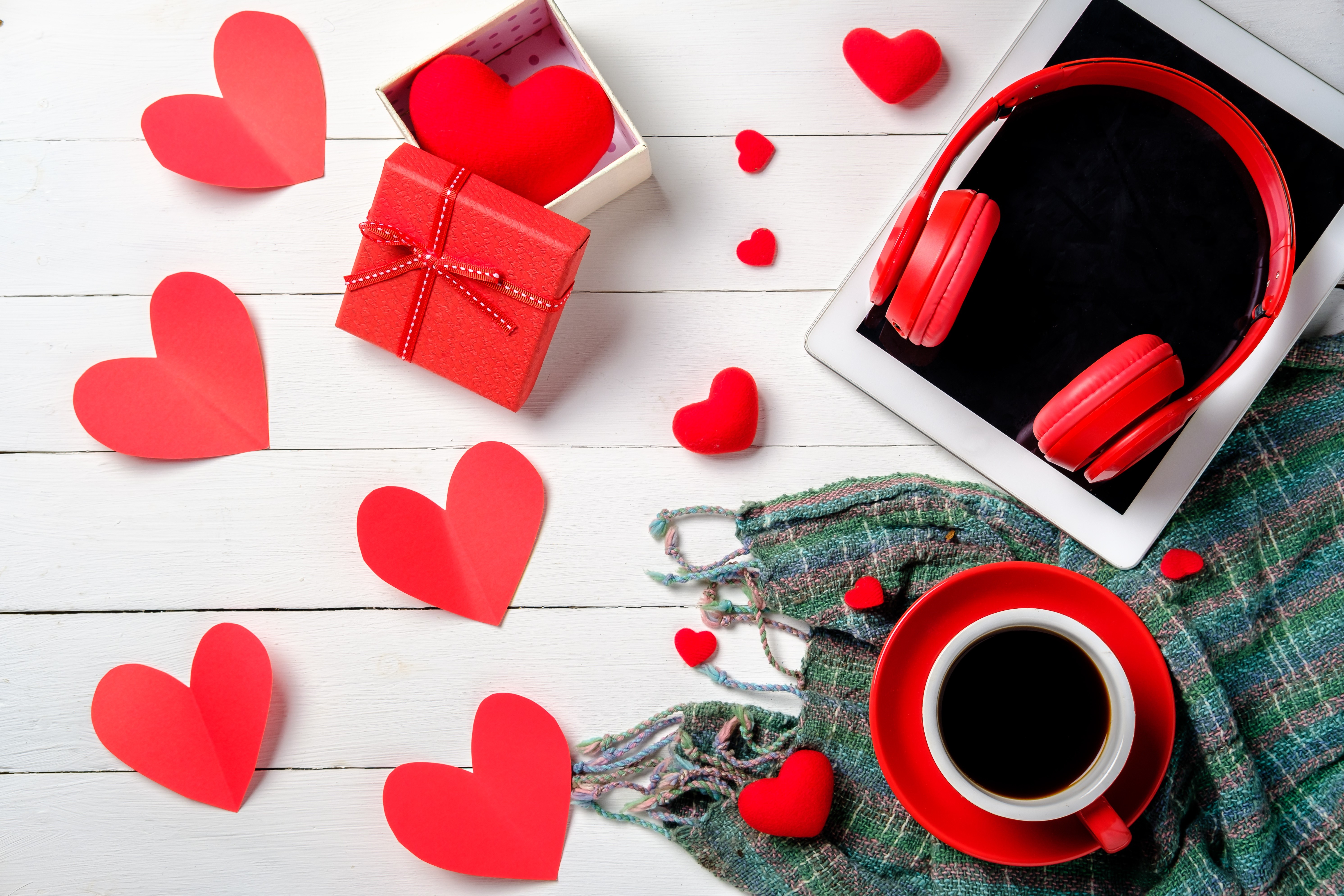 Valentine's Day flat lay with coffee and headphones HD Wallpaper