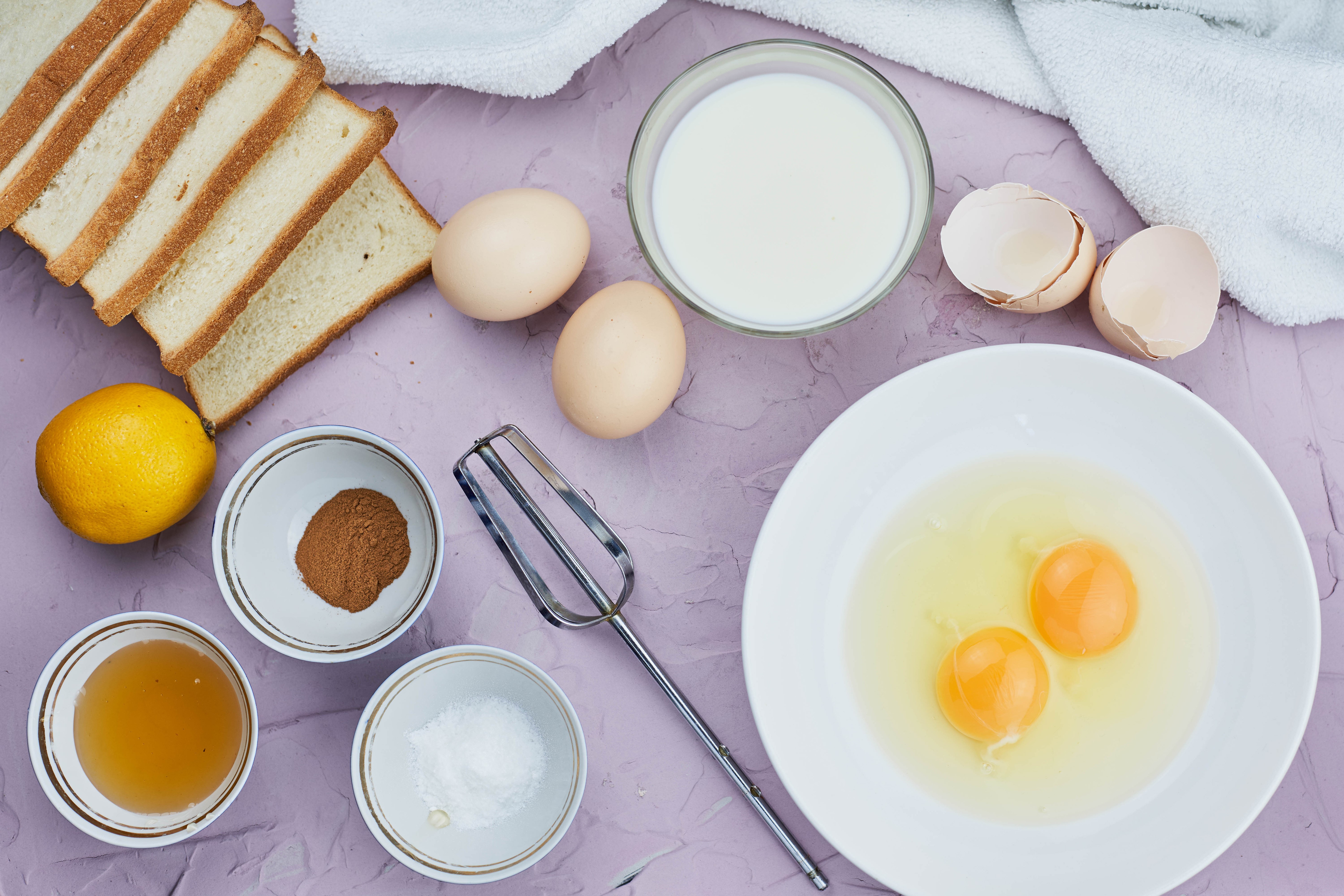 Ingredients for French Toast: Bread, Eggs, Milk, Lemon, Cinnamon, Sugar, Honey HD Wallpaper