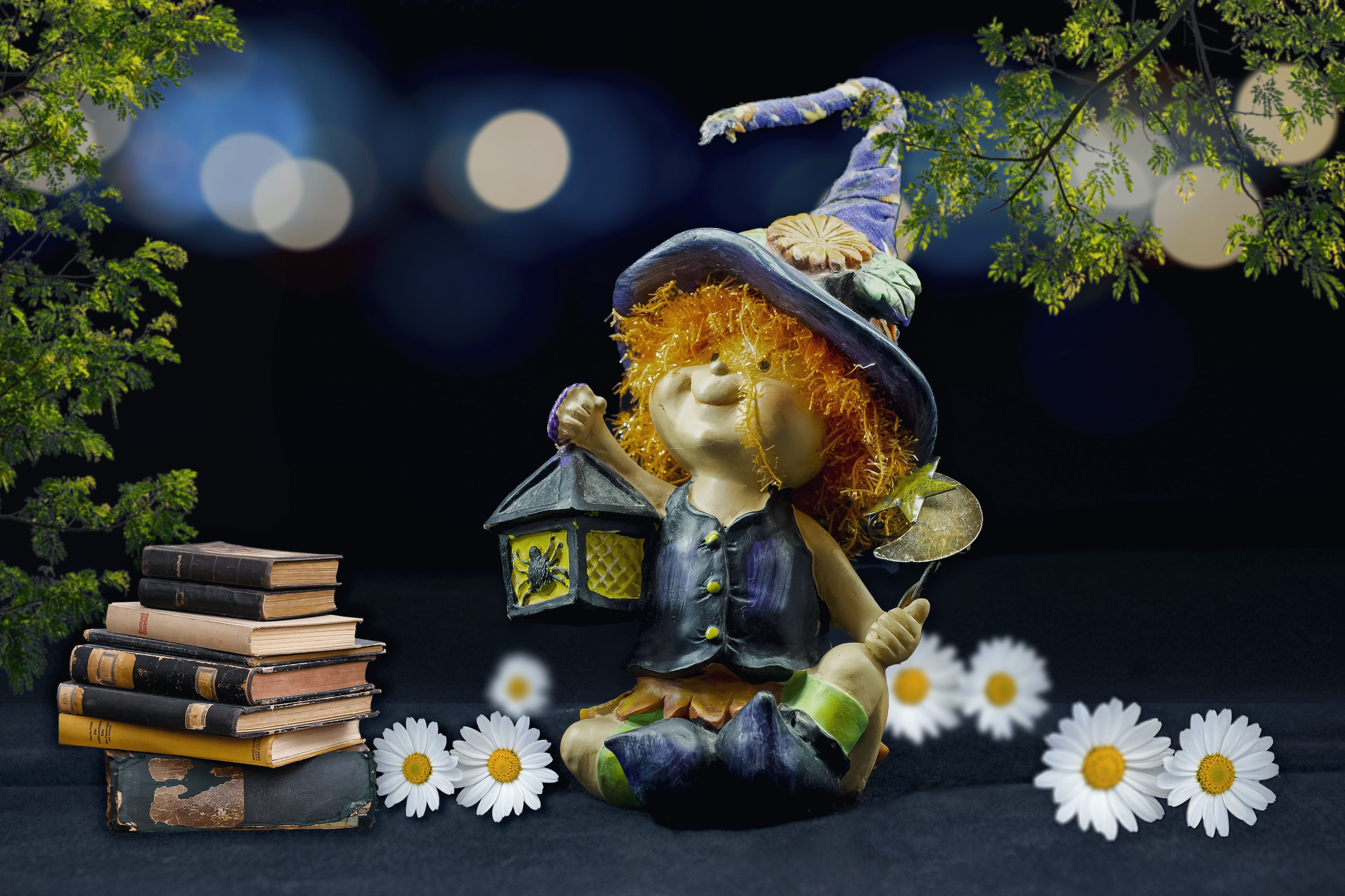 4K Toy Witch with Lantern and Books HD Wallpaper