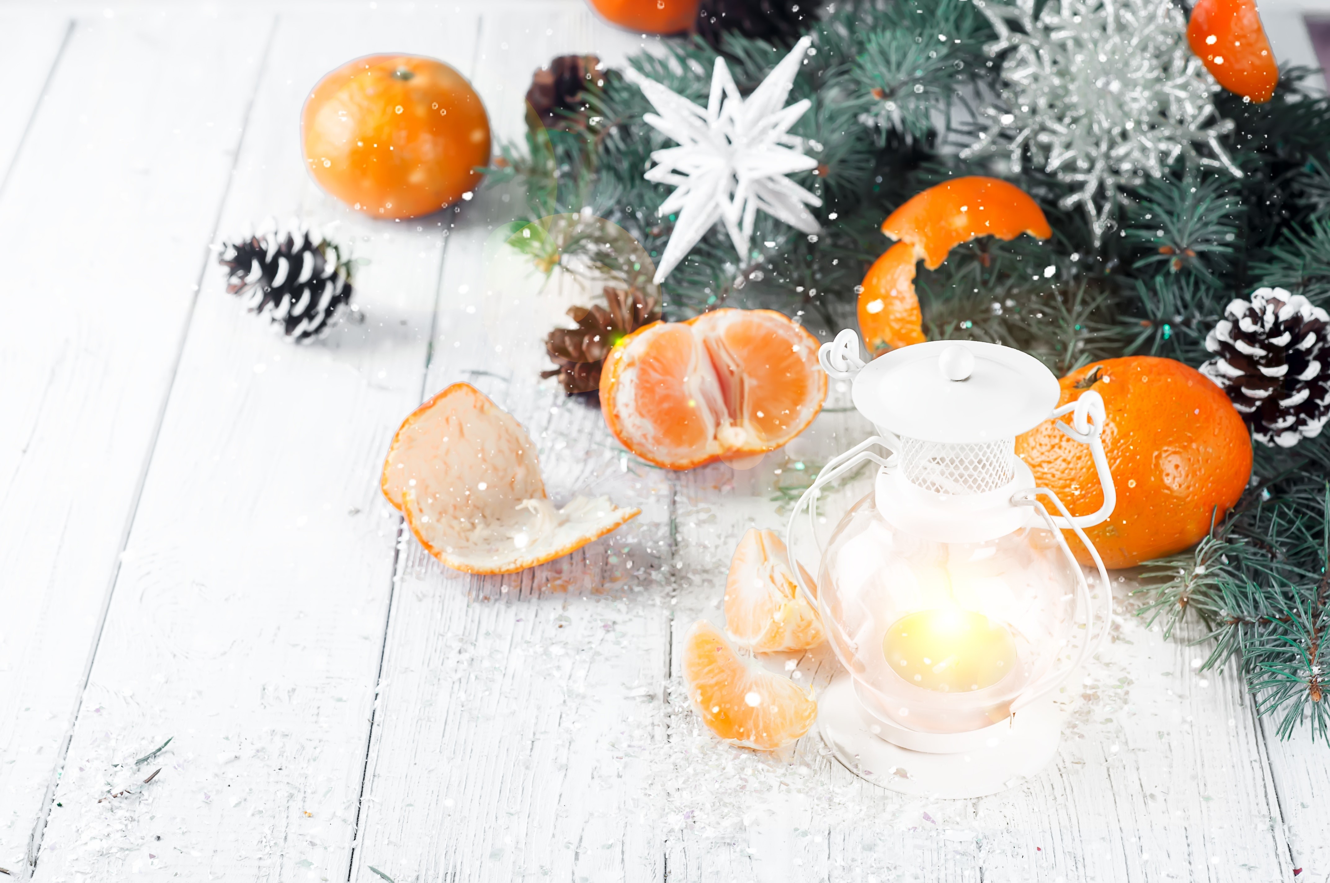 Christmas Mandarines and Lantern on Wood Planks HD Wallpaper