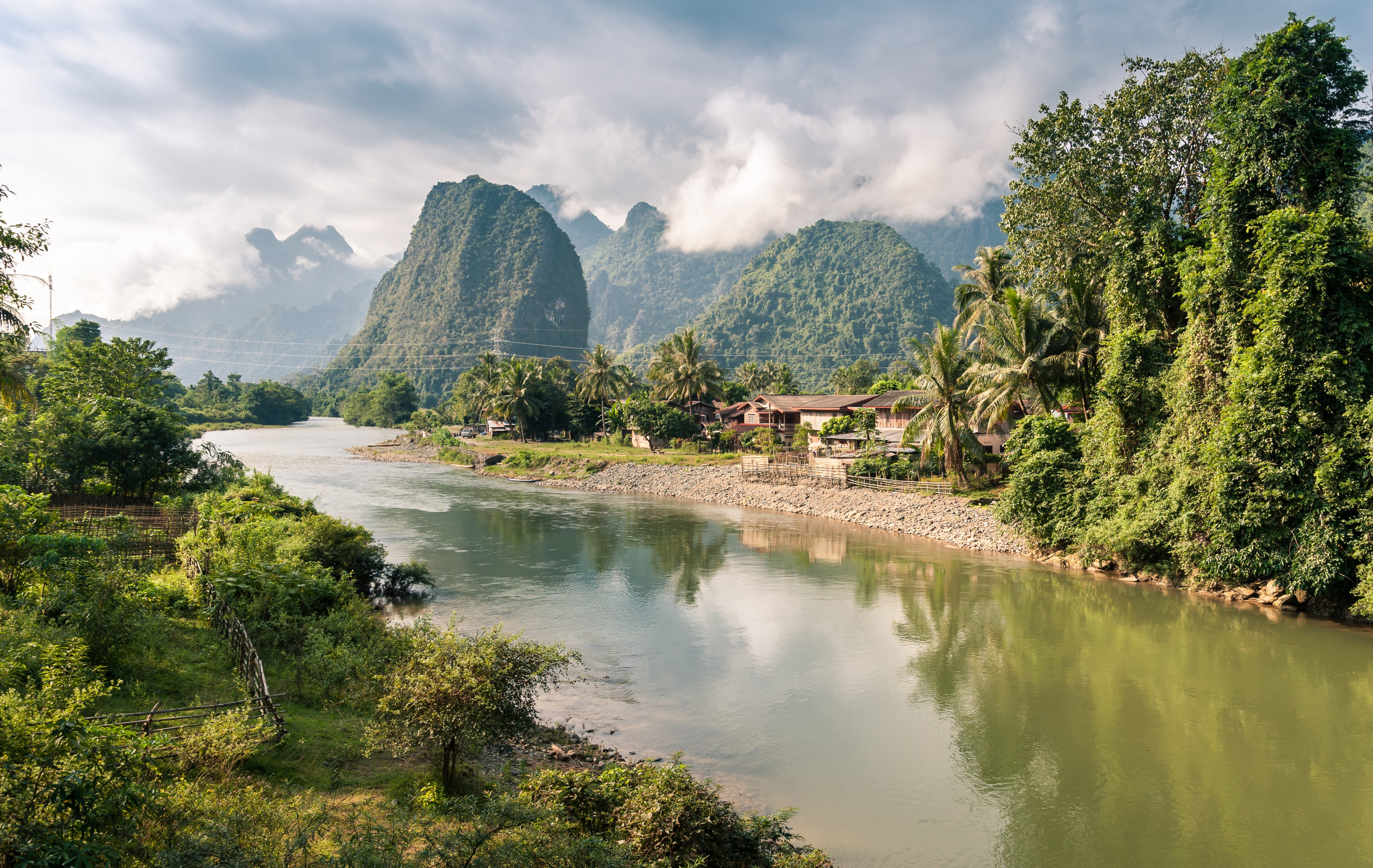4K Laos Nong Khiaw Mountains River Trees Clouds HD Wallpaper