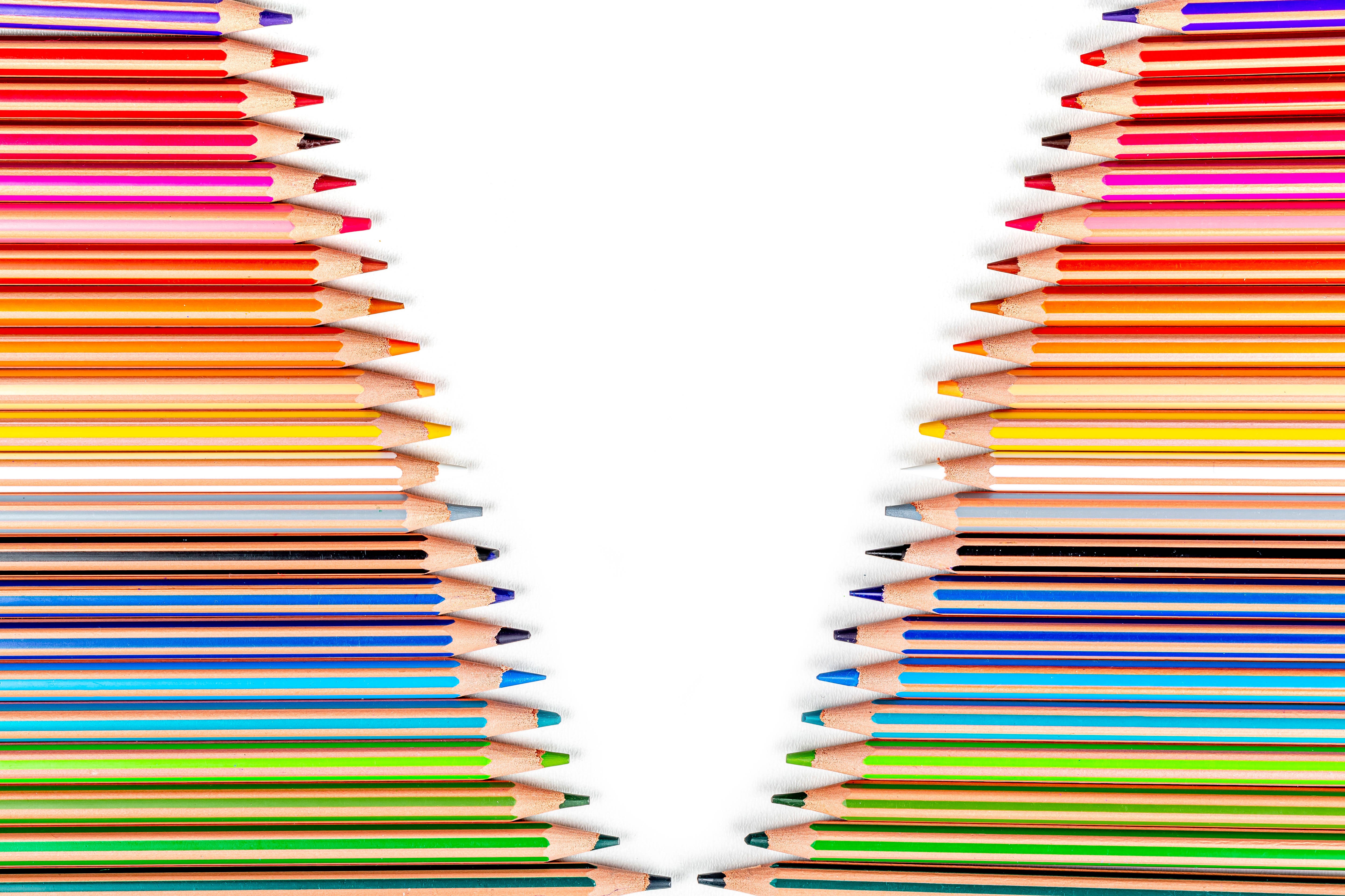 Many multicolor pencils on white background HD Wallpaper