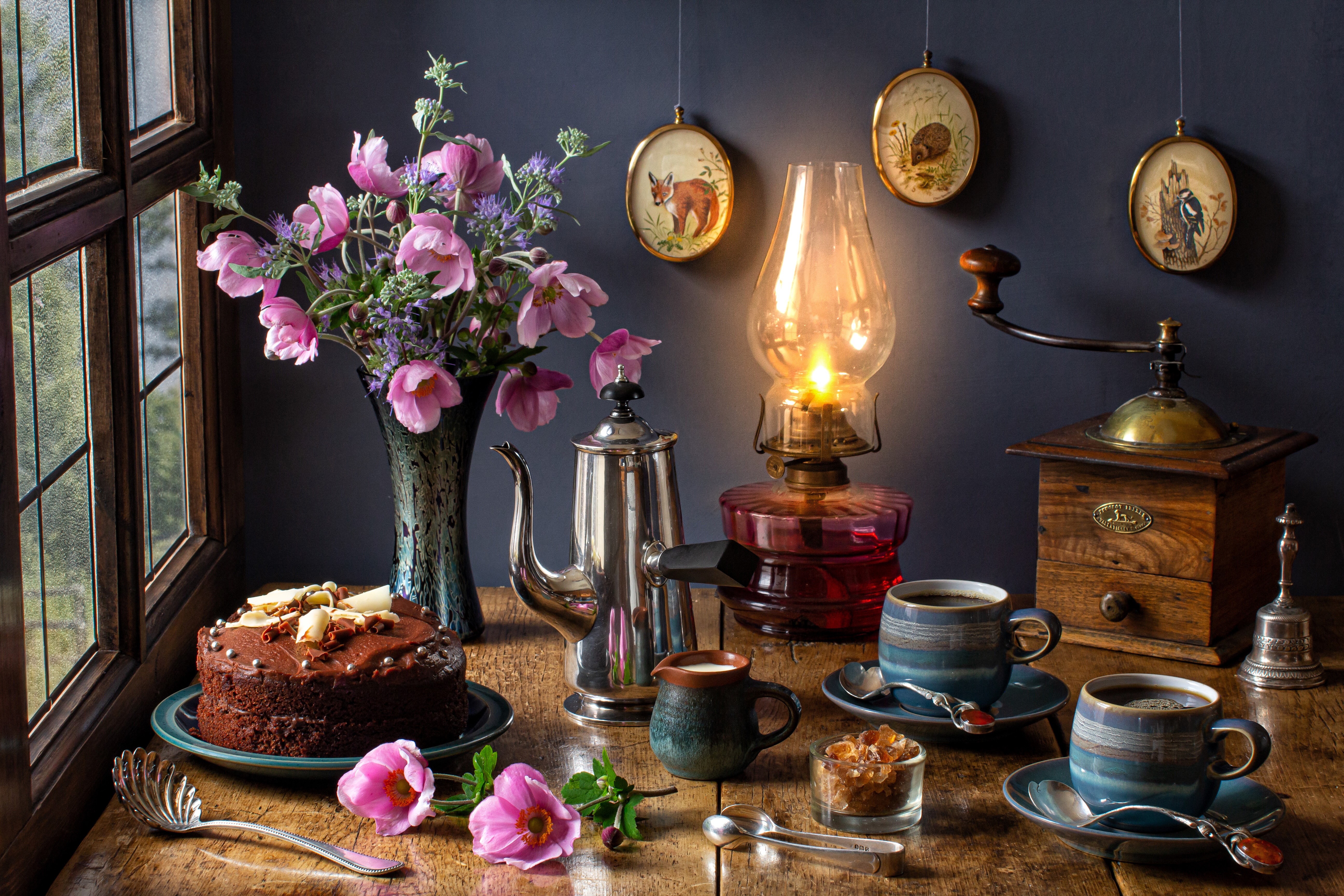 Still-life with cake, coffee, and flowers HD Wallpaper