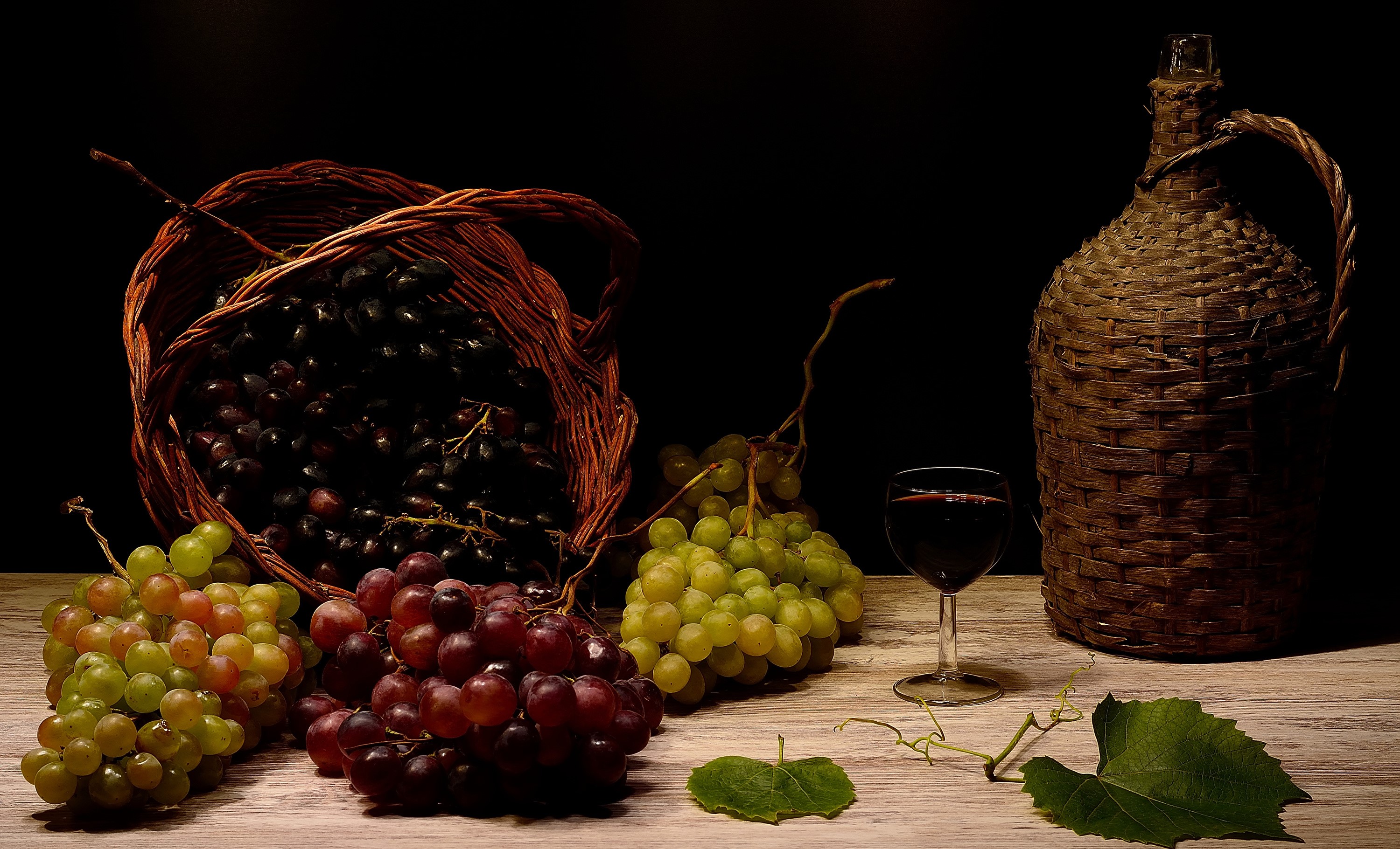 Still life of grapes, wine, and a wicker jug HD Wallpaper
