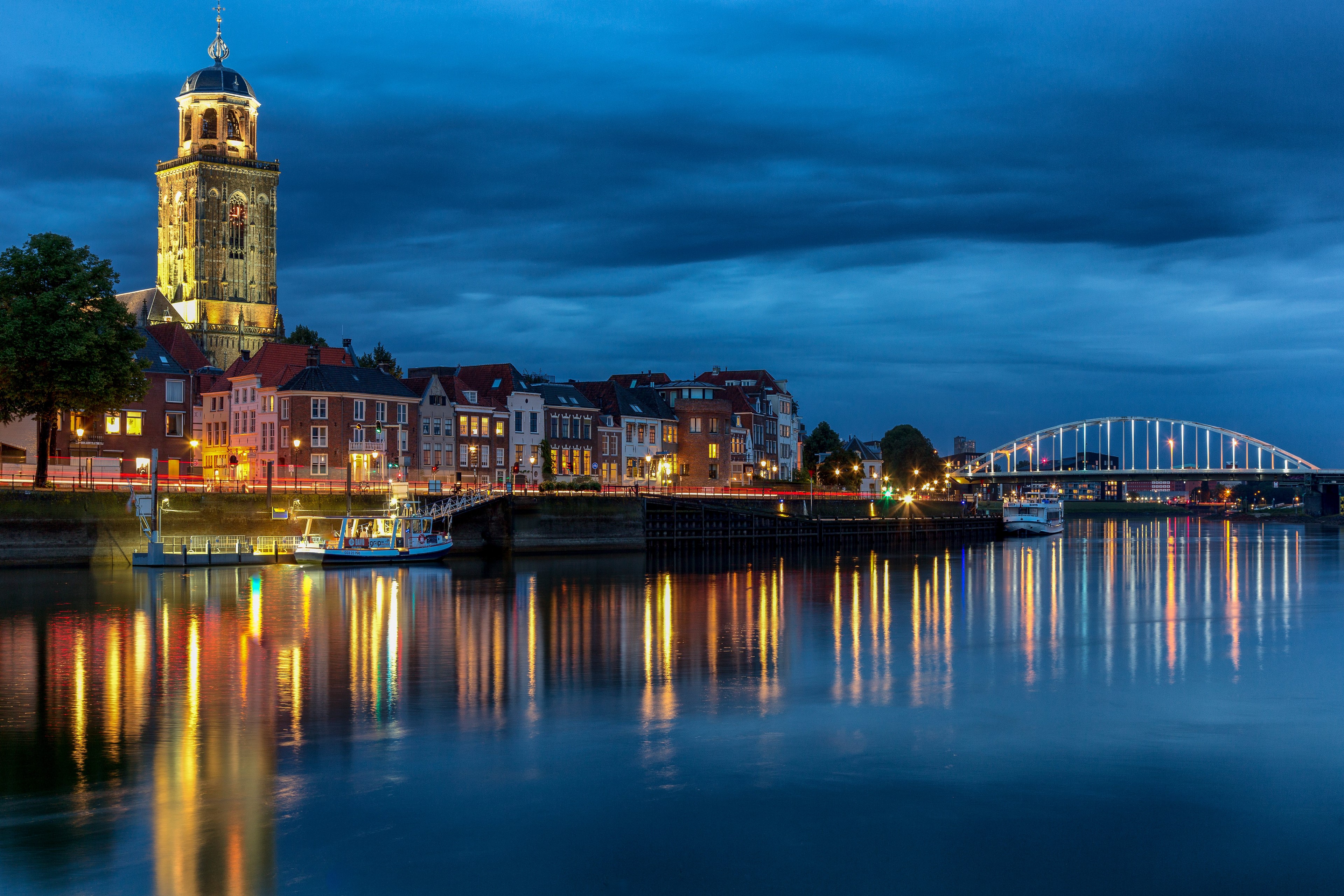 Deventer, Netherlands at Dusk with River and Bridge HD Wallpaper