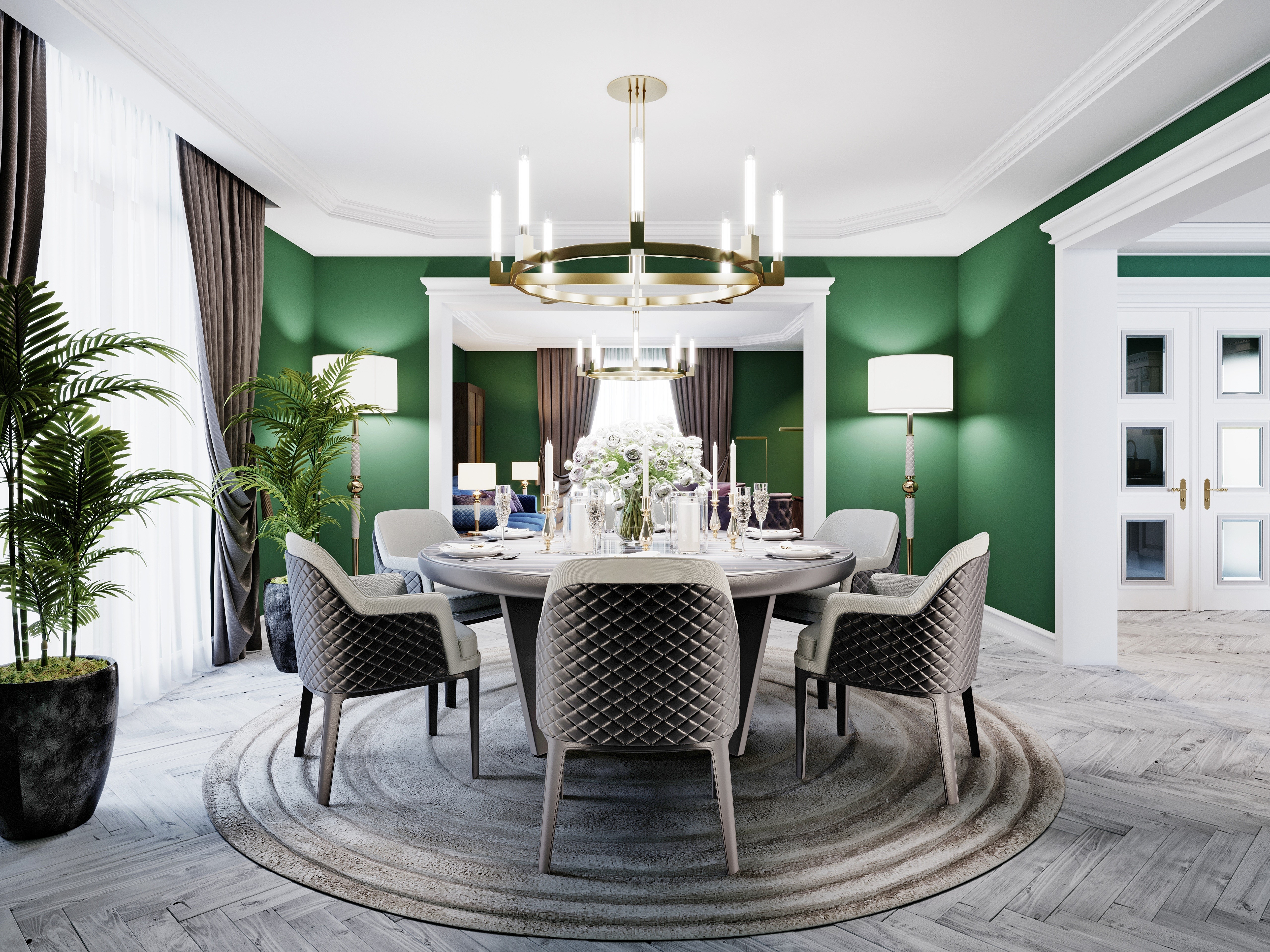 Dining Room with Chandelier and Chairs HD Wallpaper