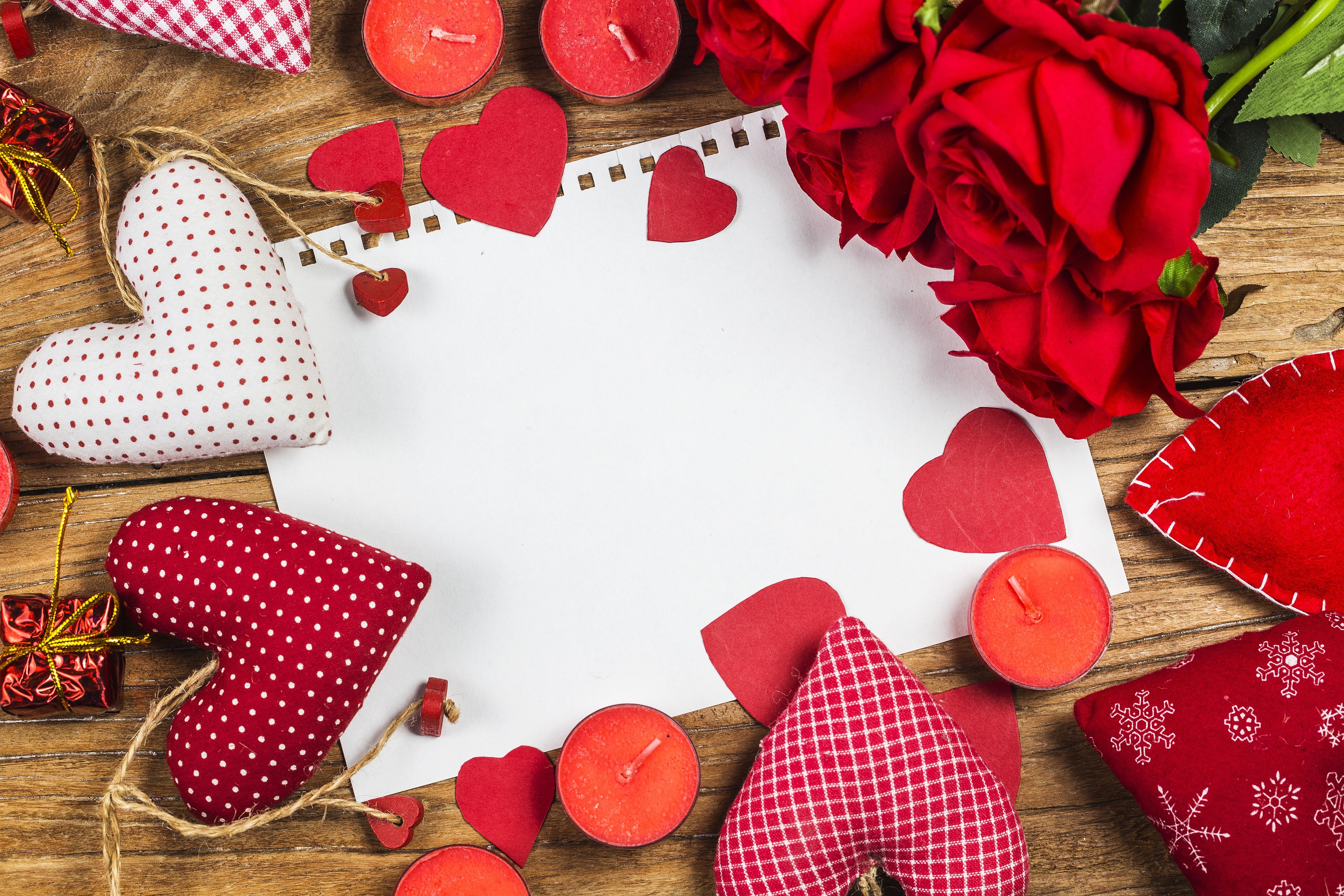 Valentine's Day Roses, Candles, and Hearts on Wood HD Wallpaper