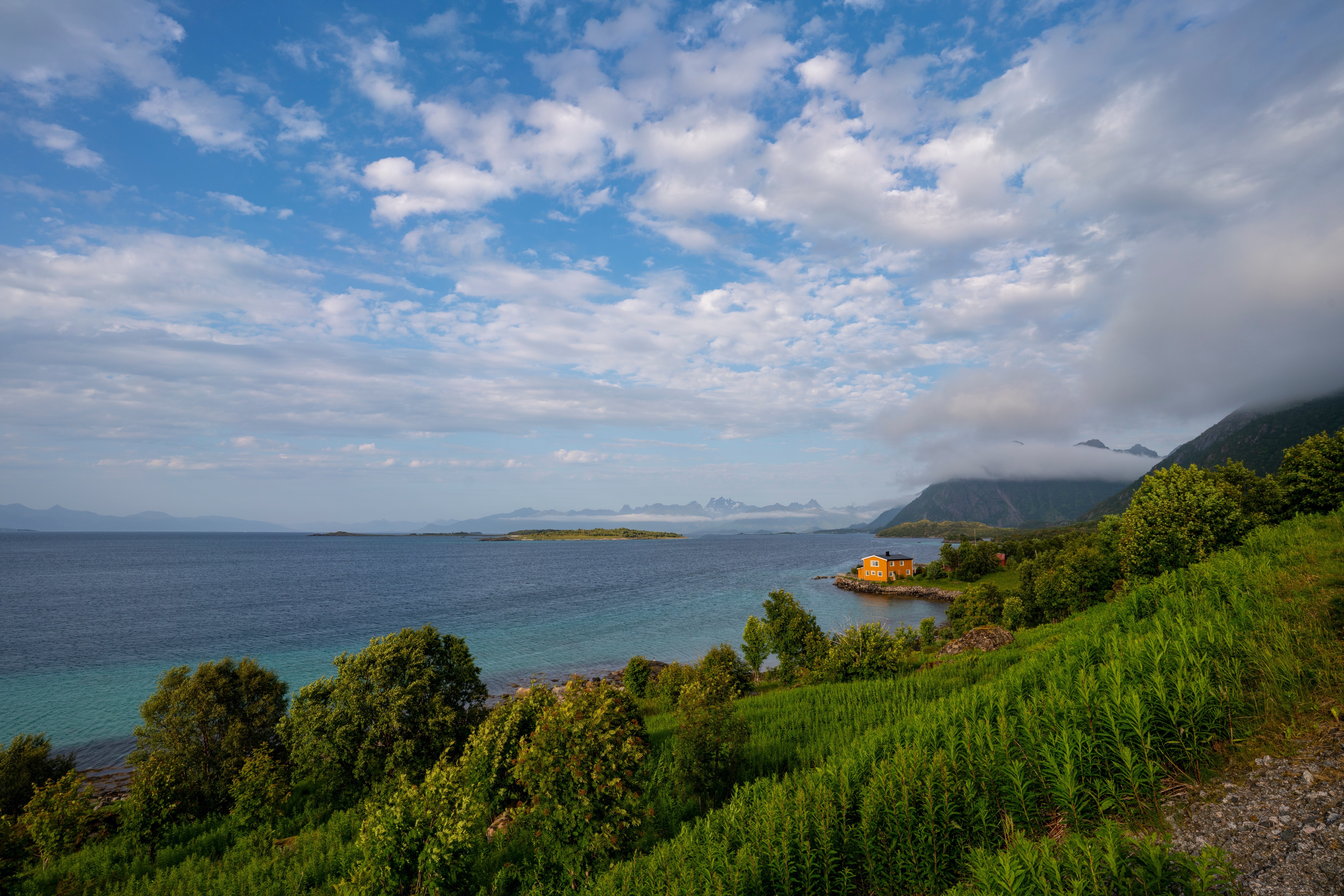 Norway Coastline with Mountains and Yellow House HD Wallpaper
