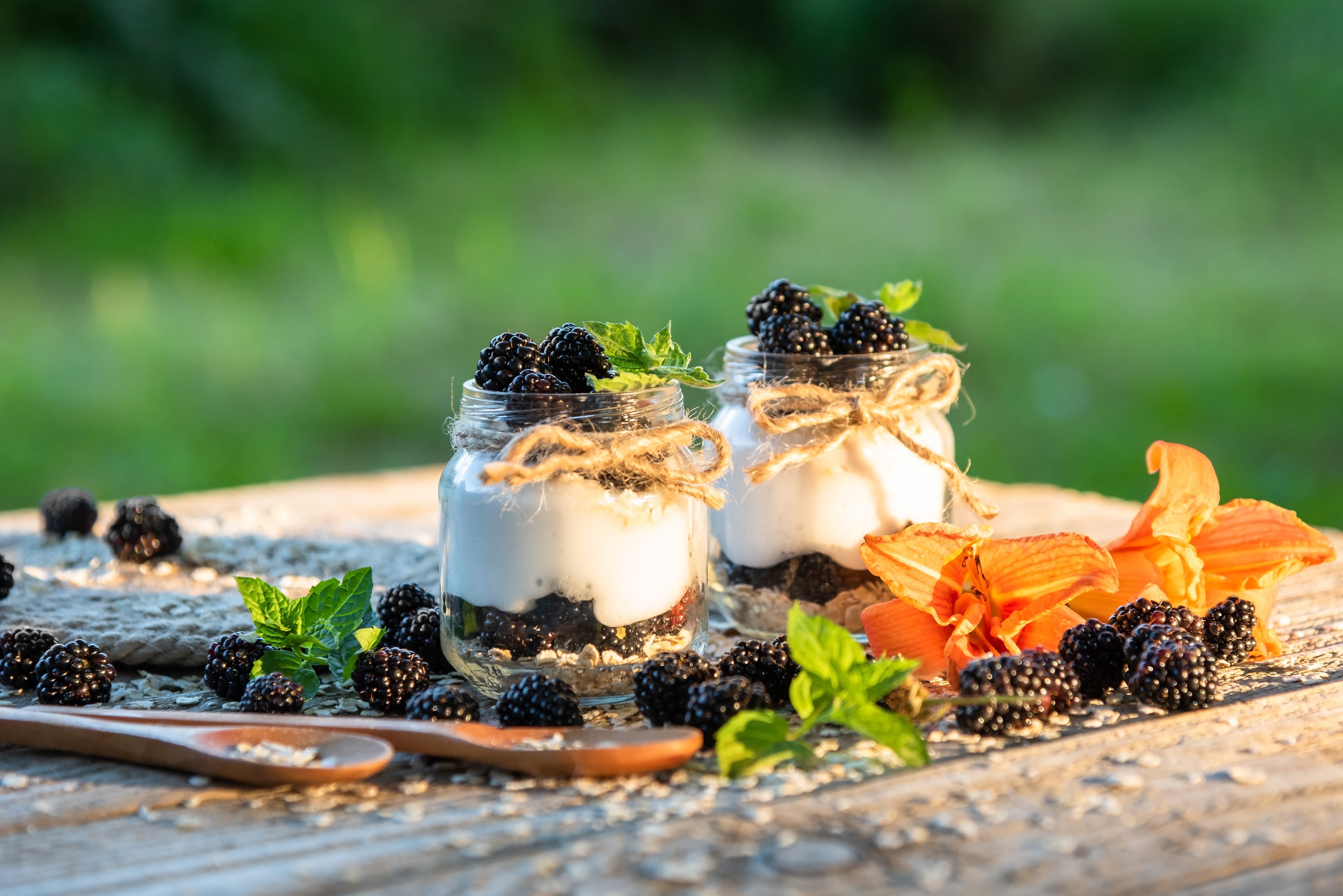 Blackberry Yogurt Parfaits in Jars with Spoons HD Wallpaper