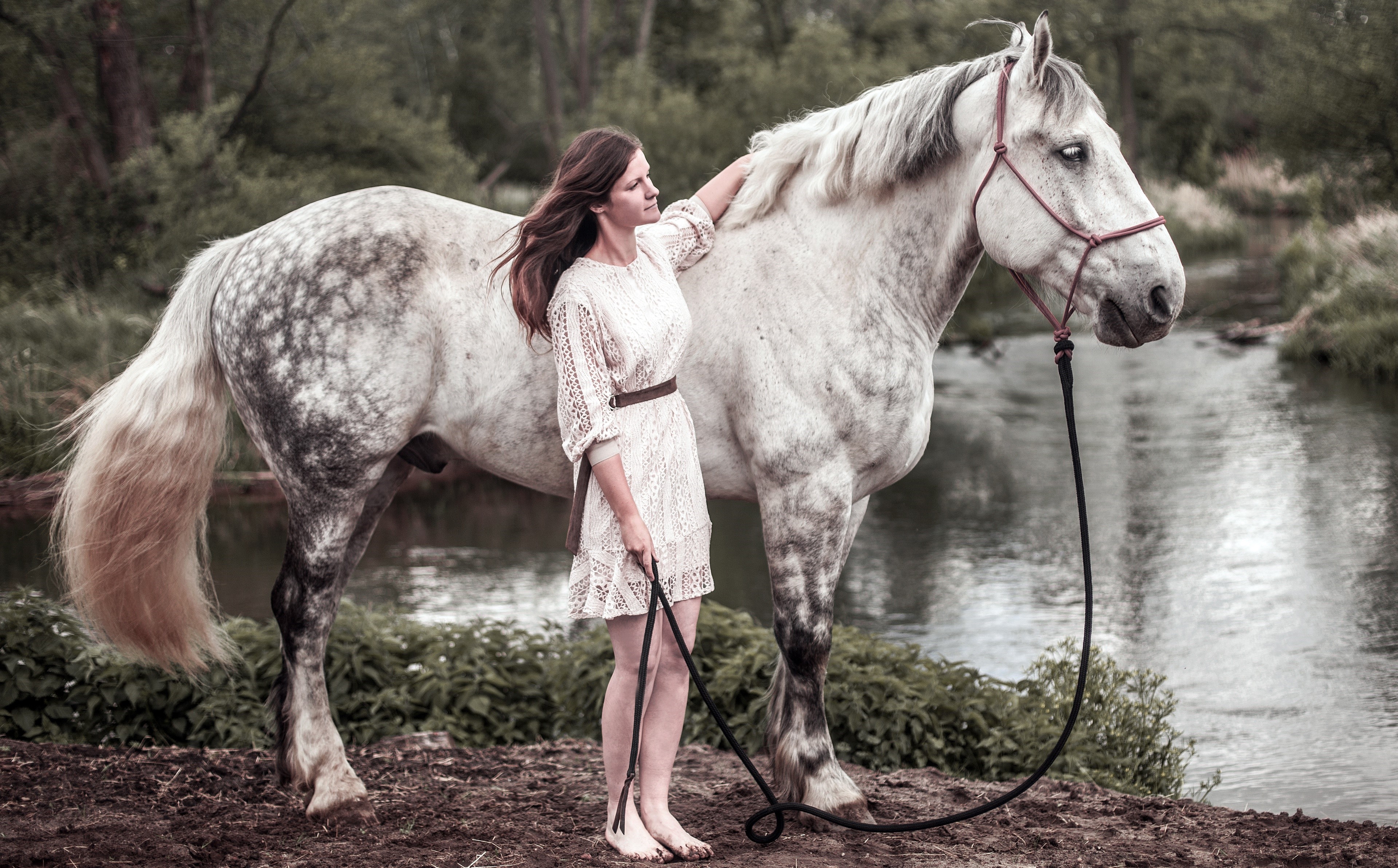Woman with a white horse by a river HD Wallpaper