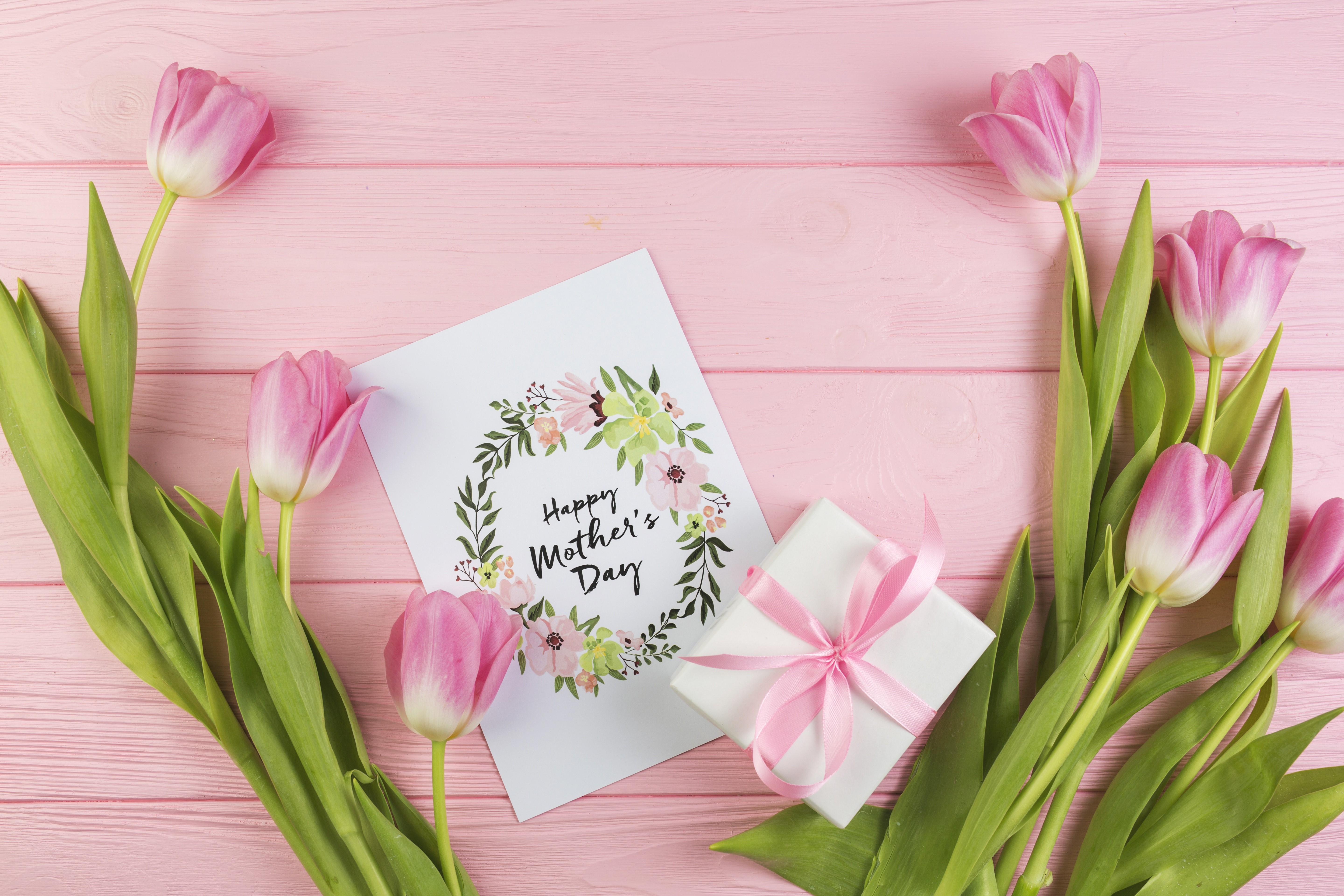 Pink Tulips and Mother's Day Card on Pink Wood HD Wallpaper