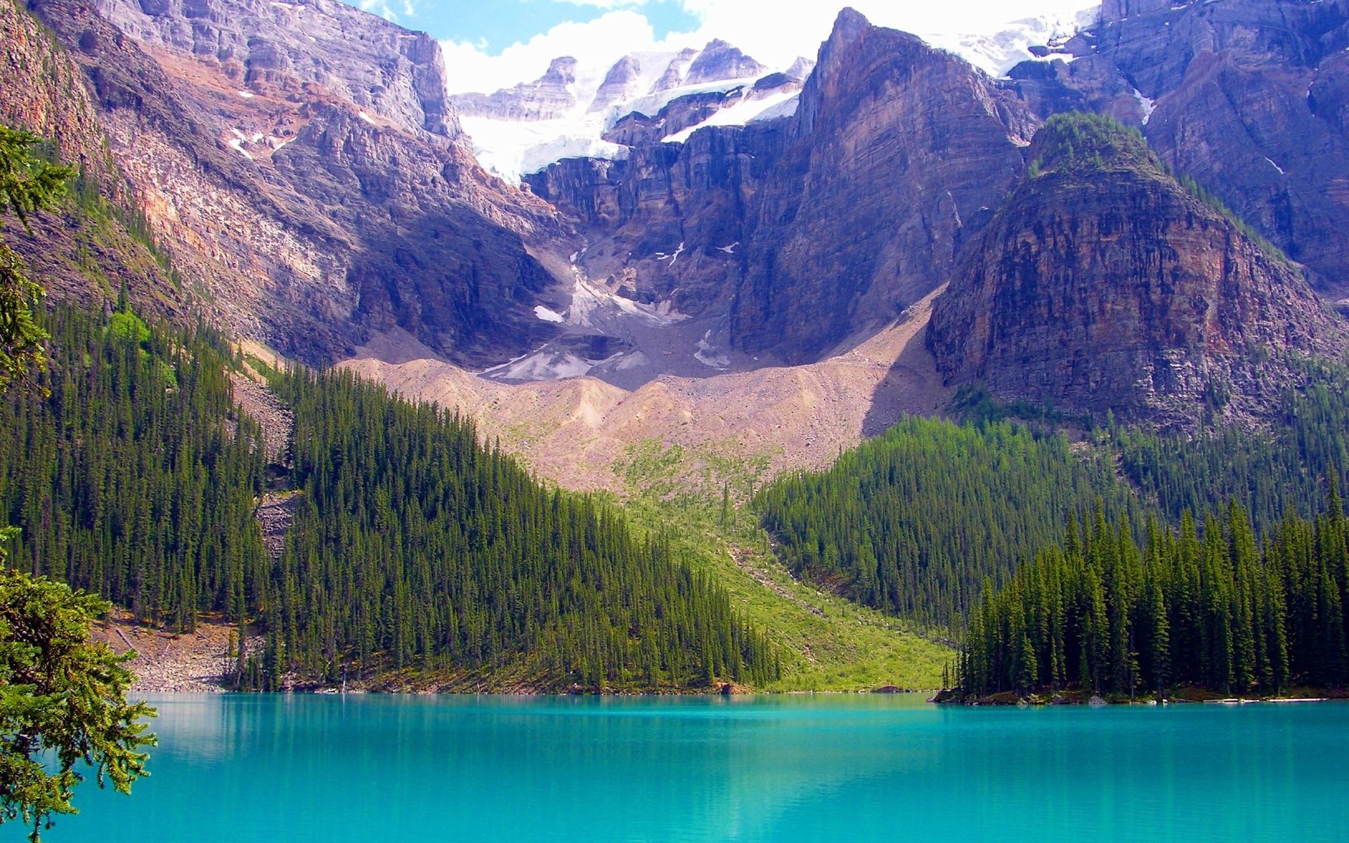 Turquoise lake and snow-capped mountains with pine trees HD Wallpaper