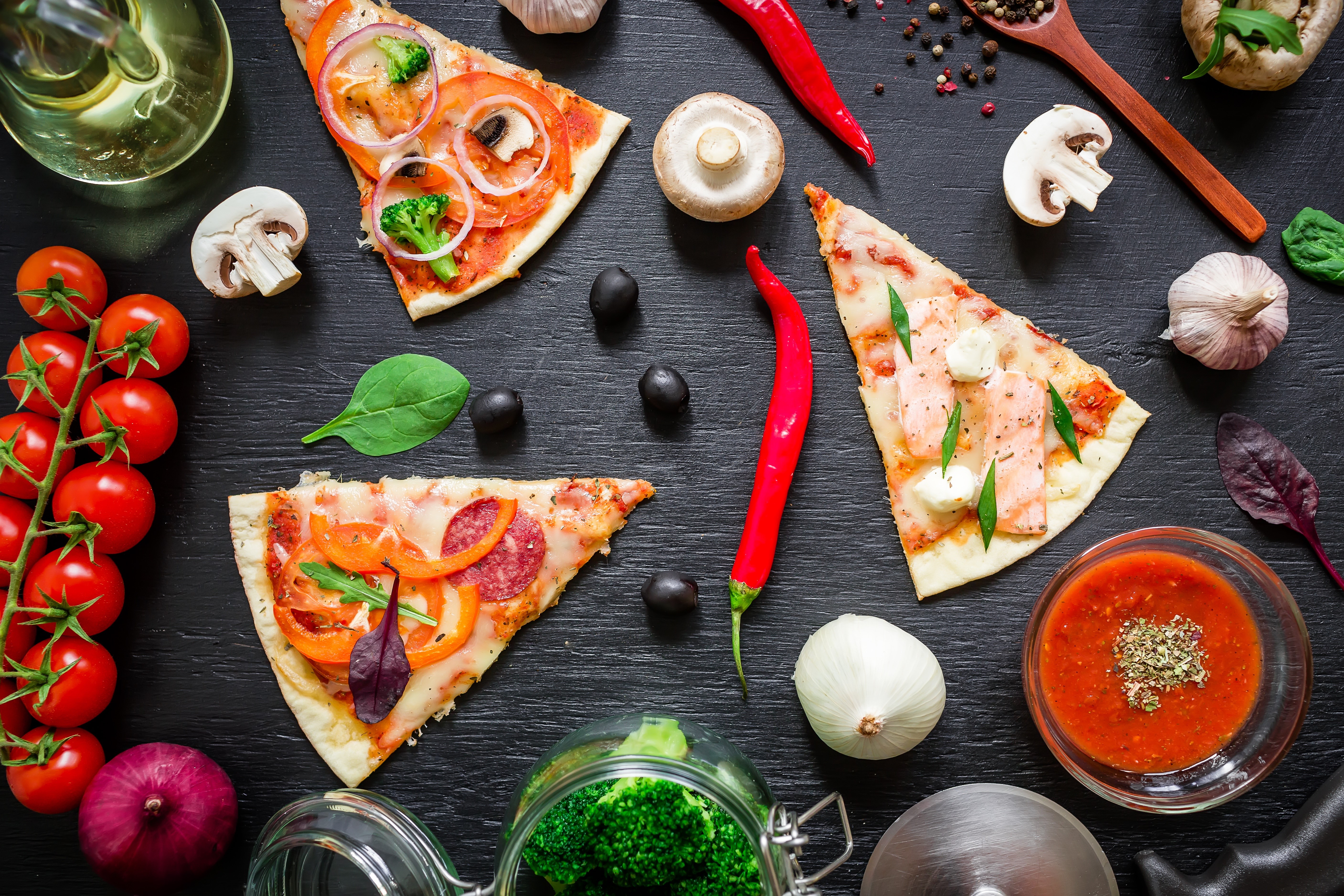 Pizza slices with ingredients and sauce HD Wallpaper