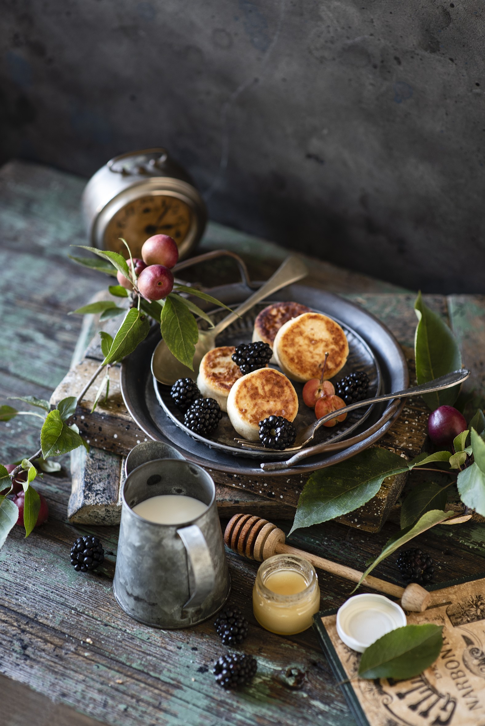 Pancakes with blackberries, milk, and honey on wooden planks HD Phone Wallpaper