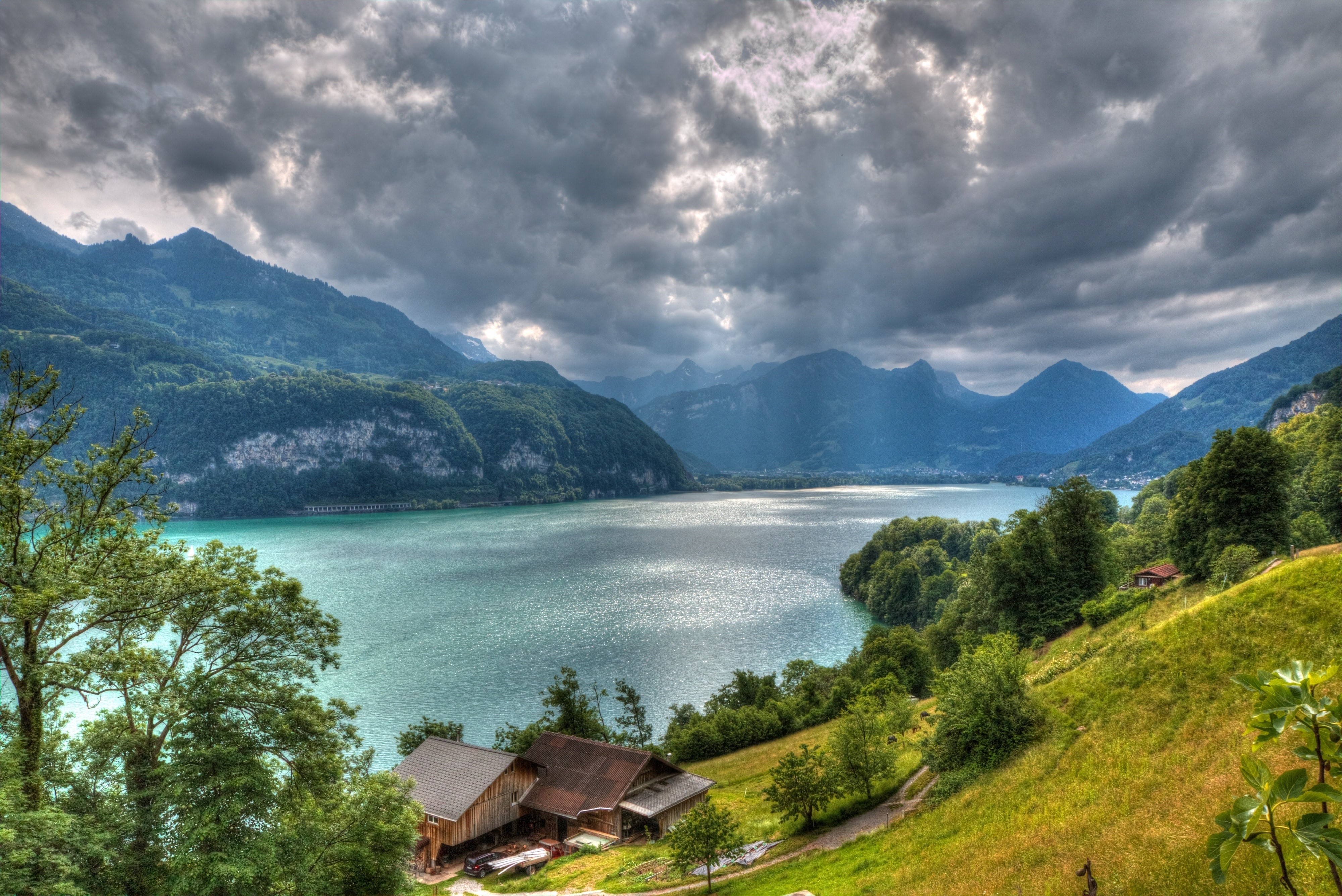 Lake Walensee with Mountains and Houses in Switzerland HD Wallpaper