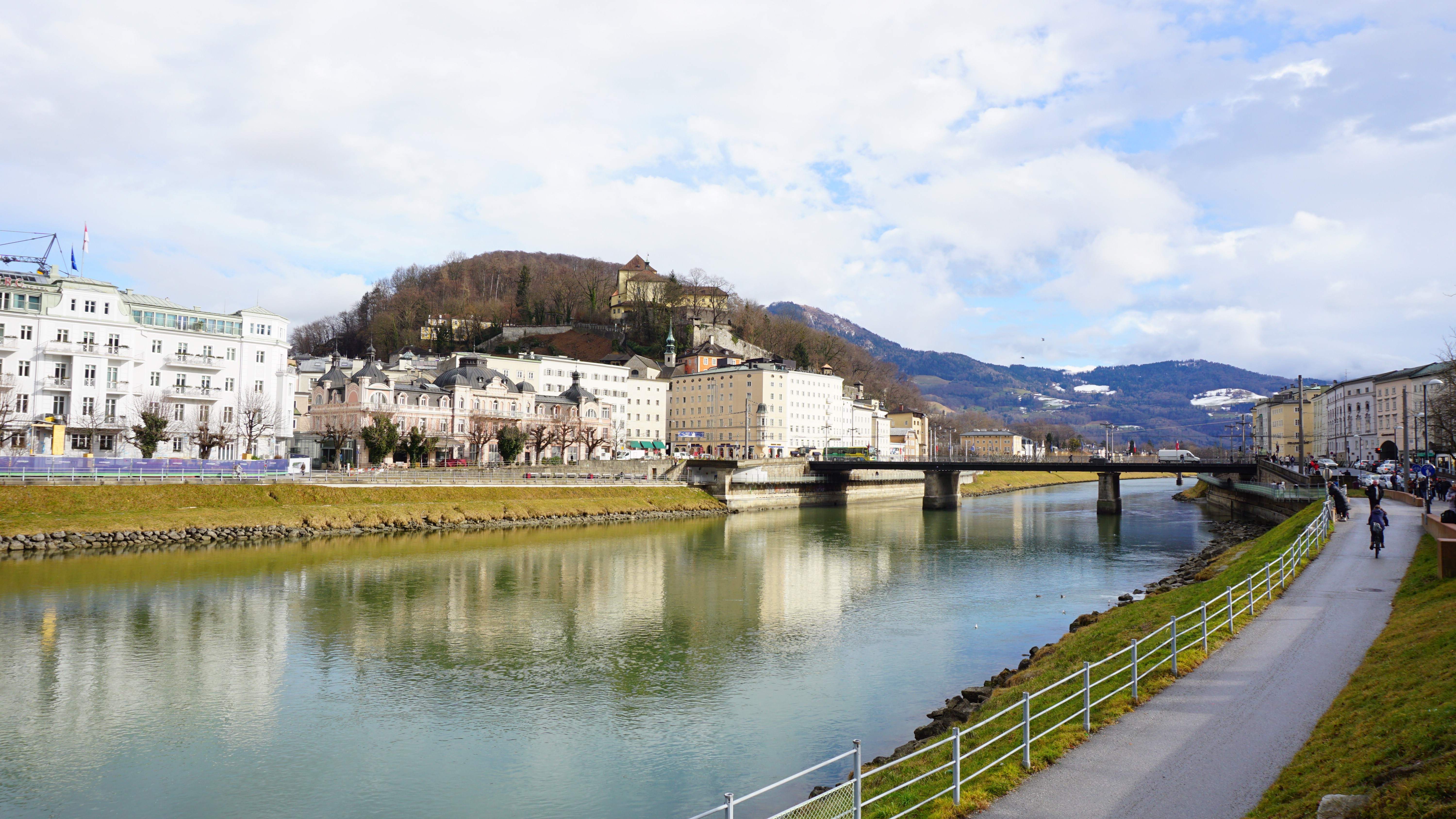 Salzburg cityscape with river and fortress HD Wallpaper