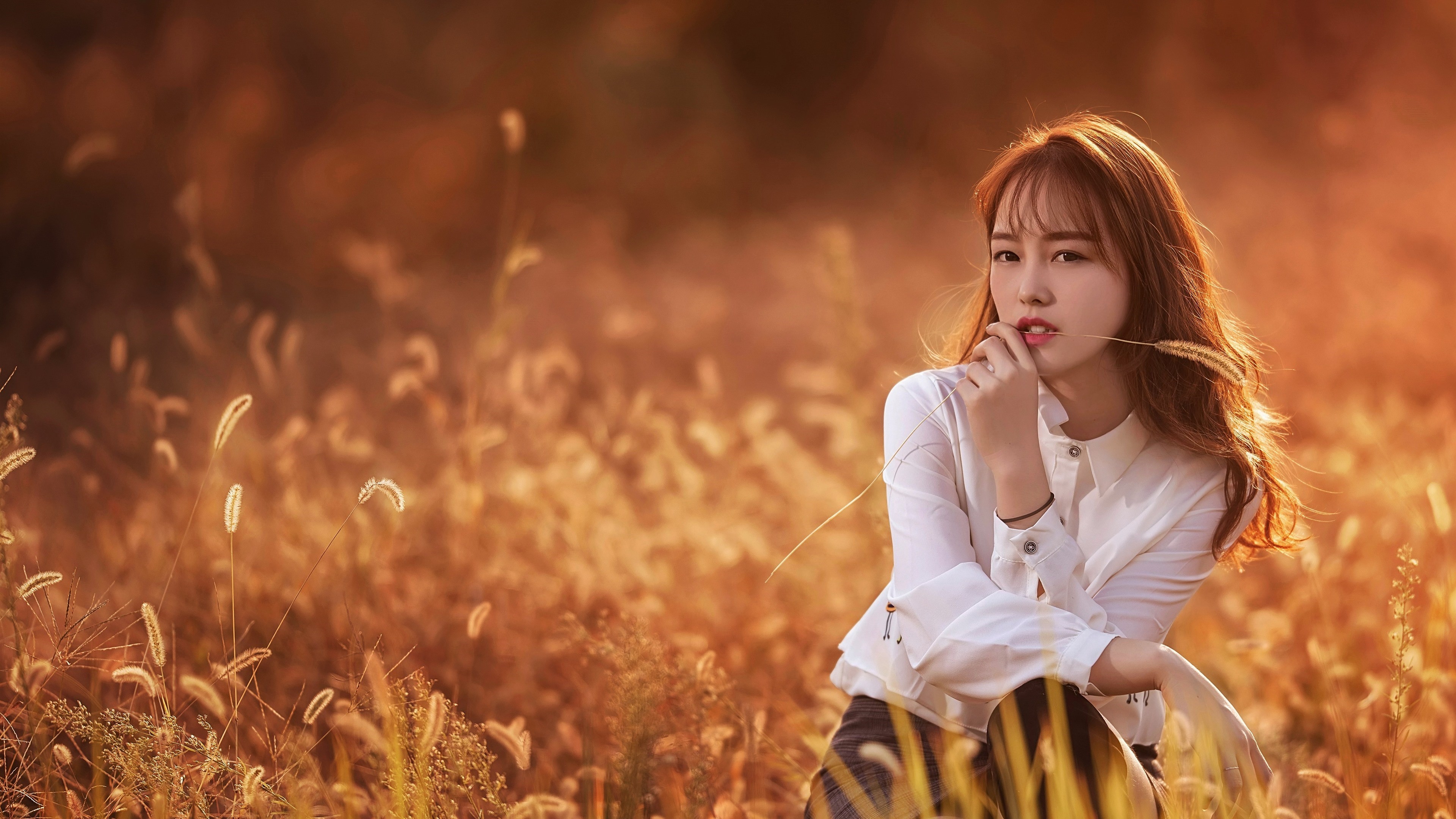 Asian woman with brown hair in a field of grass HD Wallpaper