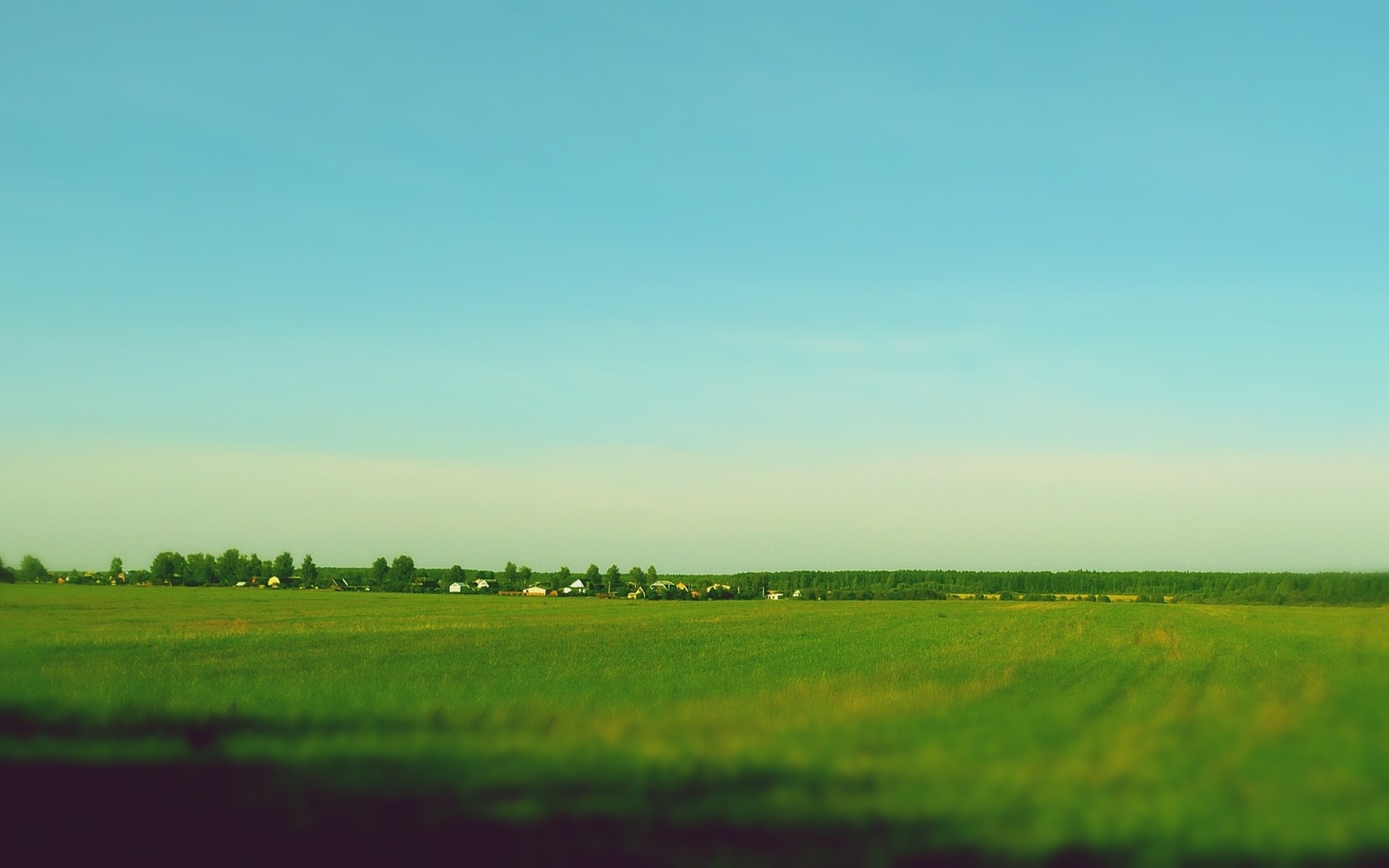 Green field with a village and trees under a blue sky HD Wallpaper