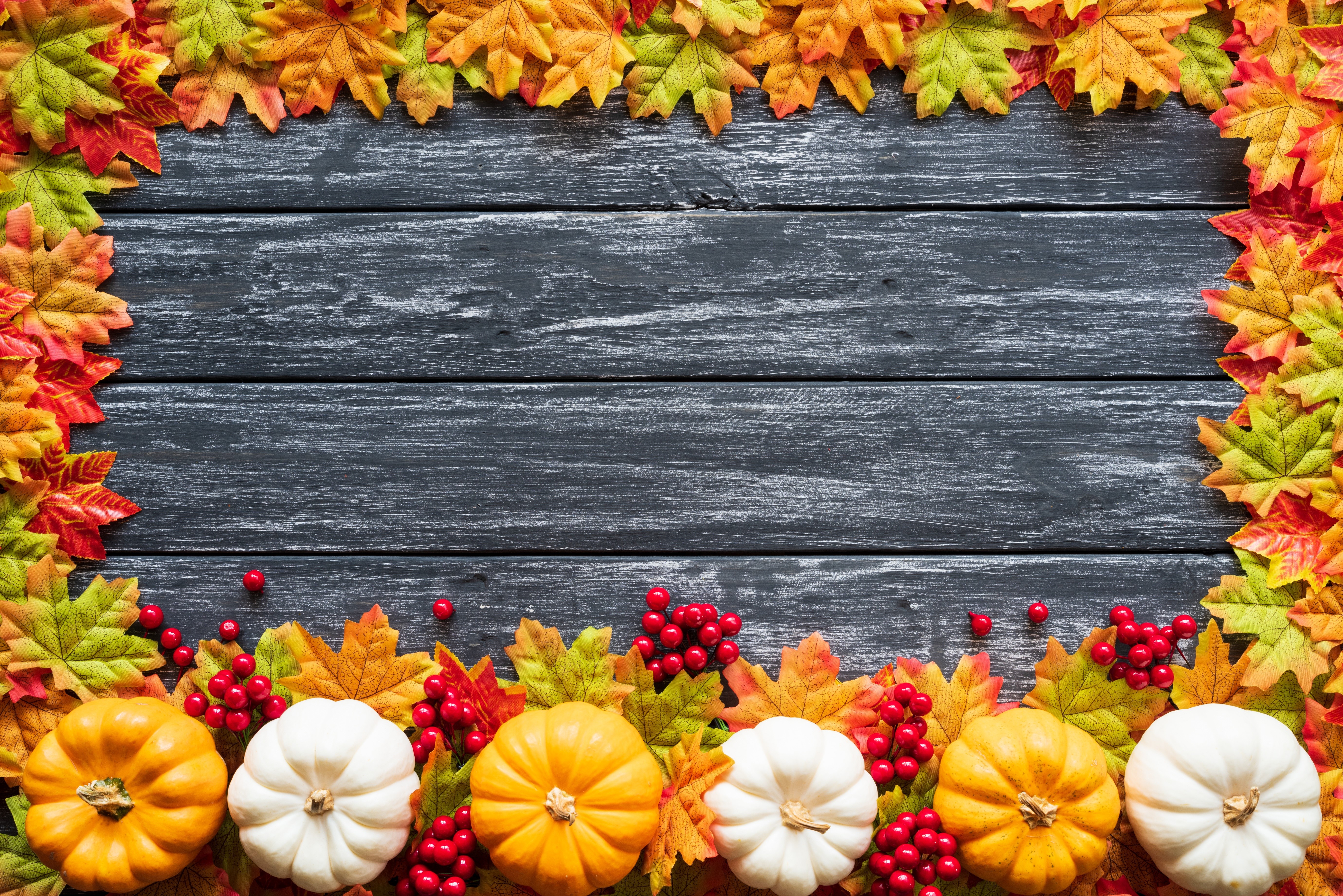 Autumn leaves and pumpkins on wood planks HD Wallpaper