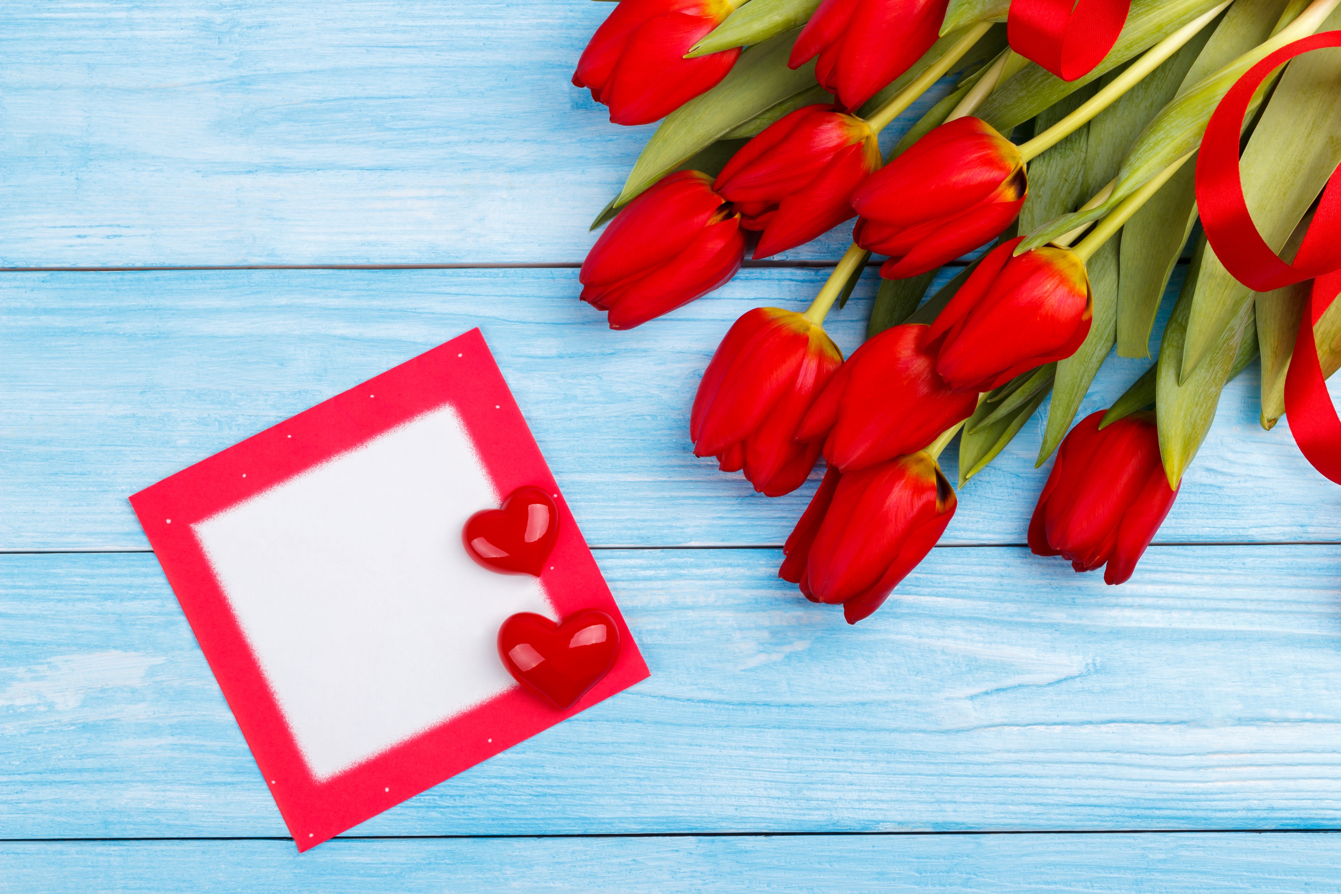 Red Tulips and Valentine's Day Card on Blue Wood HD Wallpaper