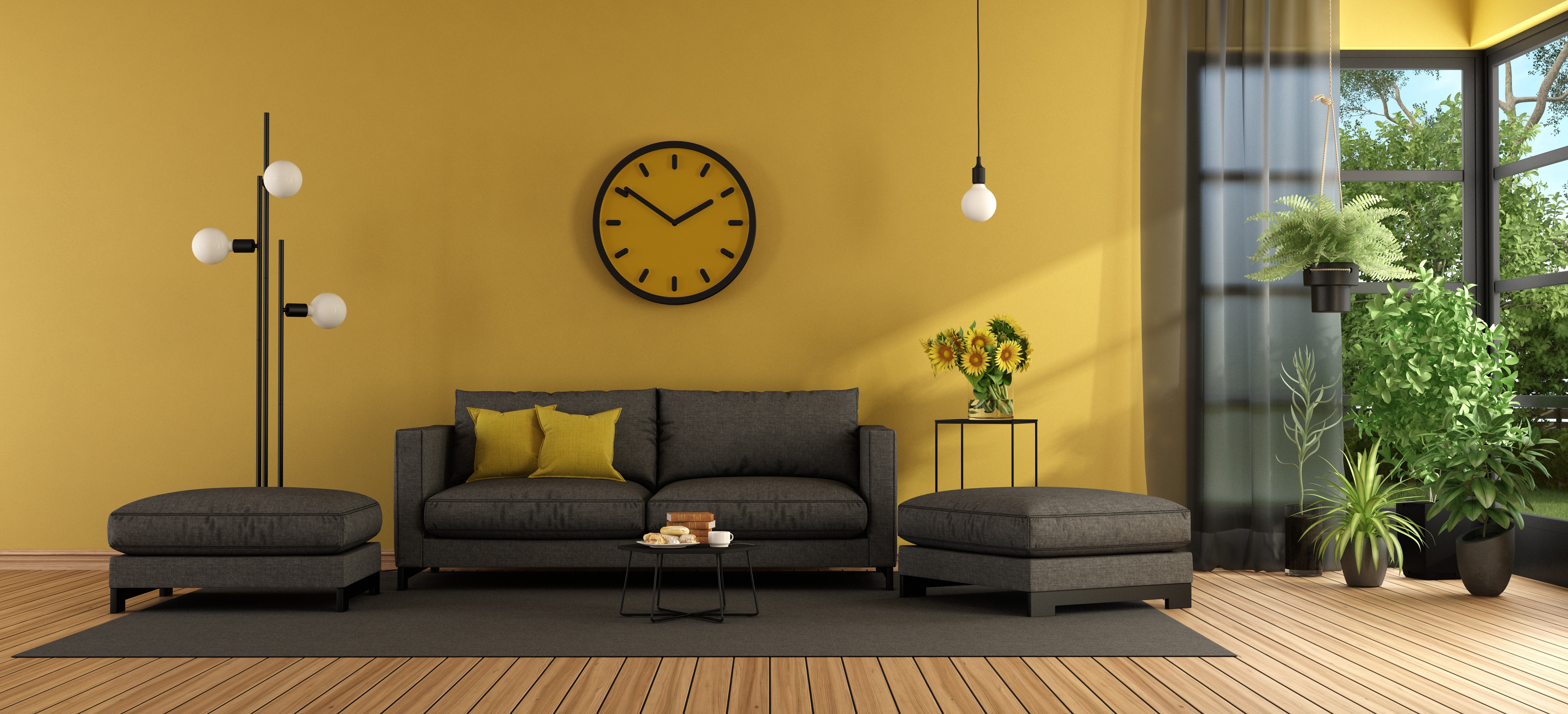Living room with yellow walls, sofa, and clock HD Wallpaper