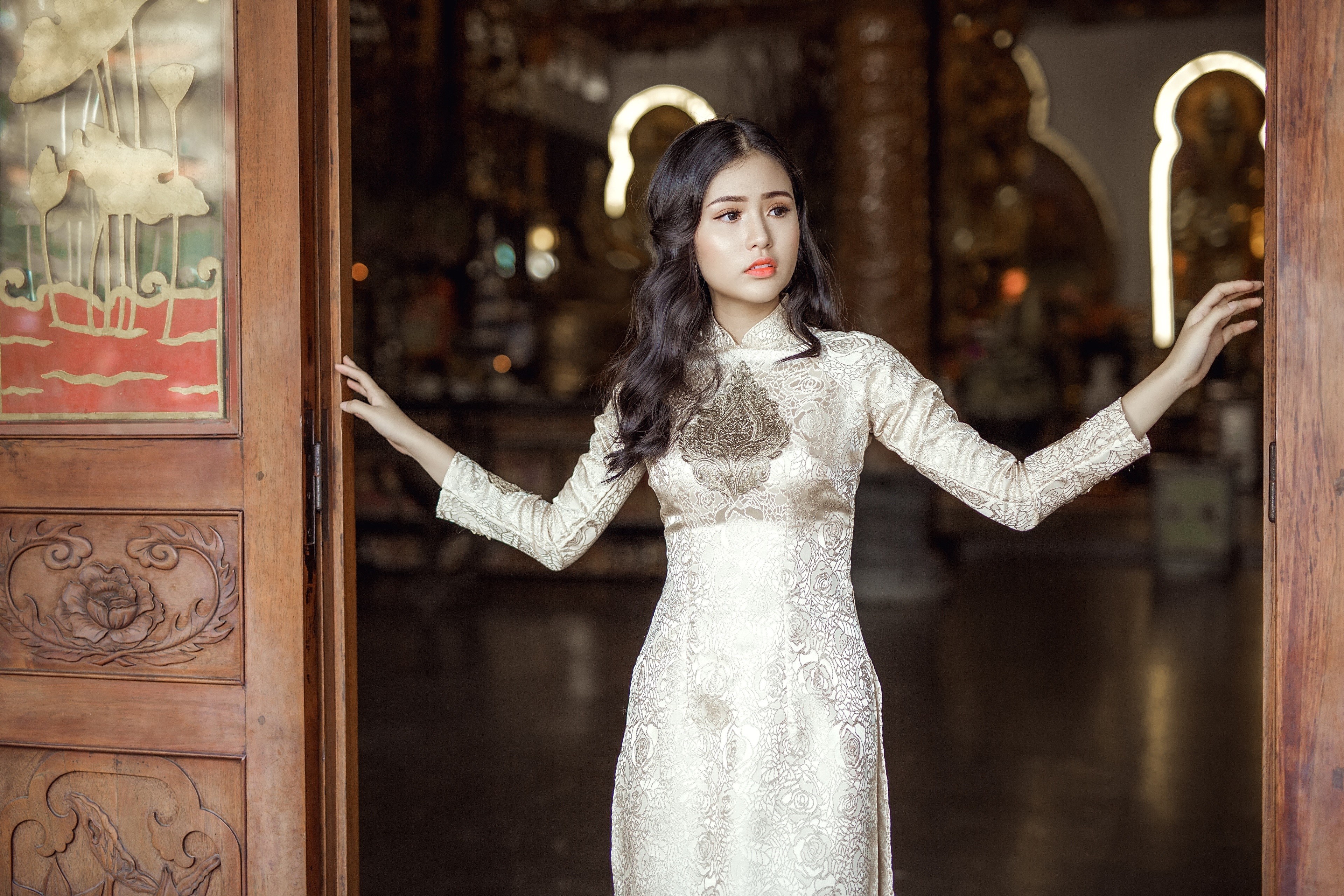 4K Asian Brunette Girl in Elegant Dress HD Wallpaper
