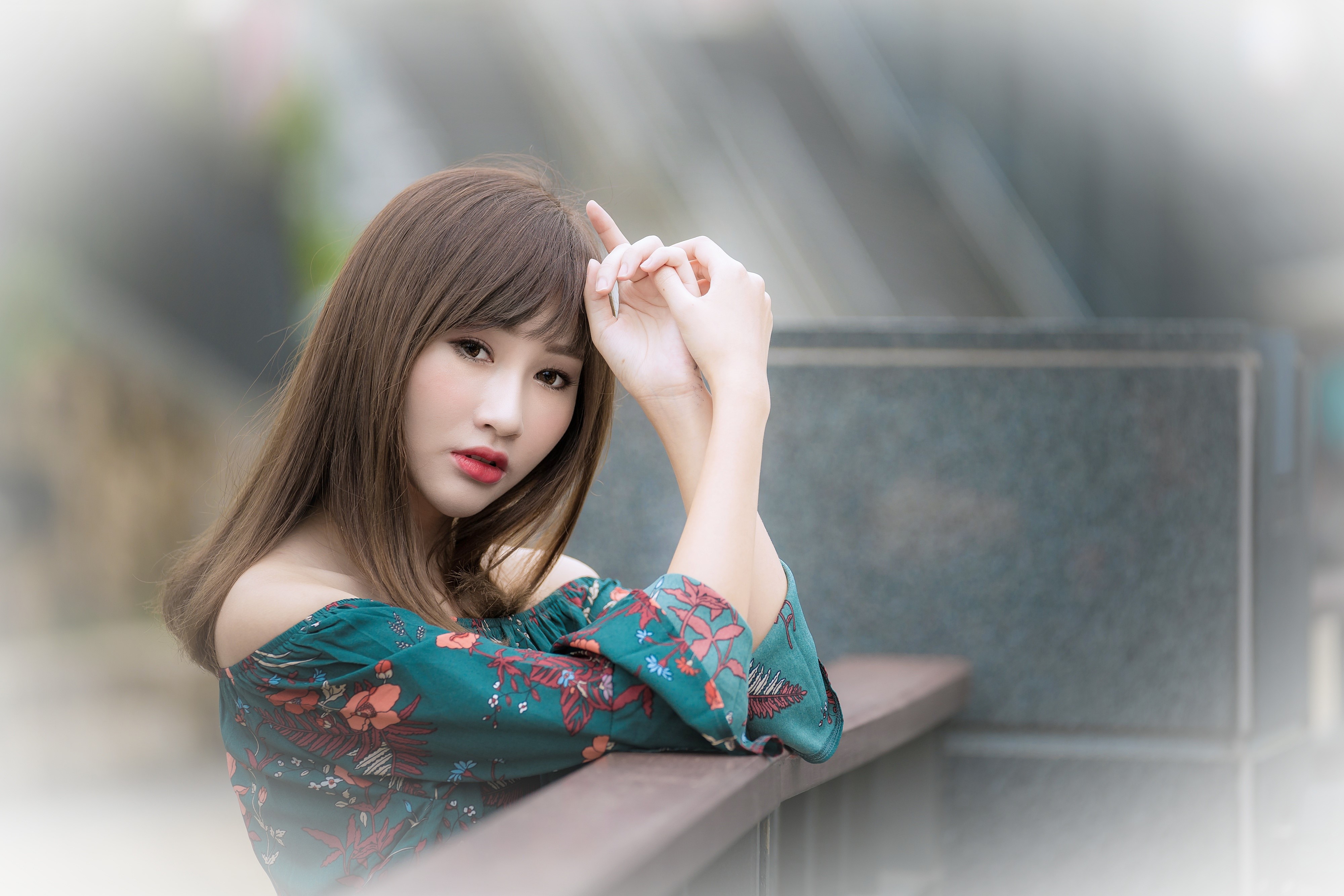 Asian woman with brown hair and floral top HD Wallpaper