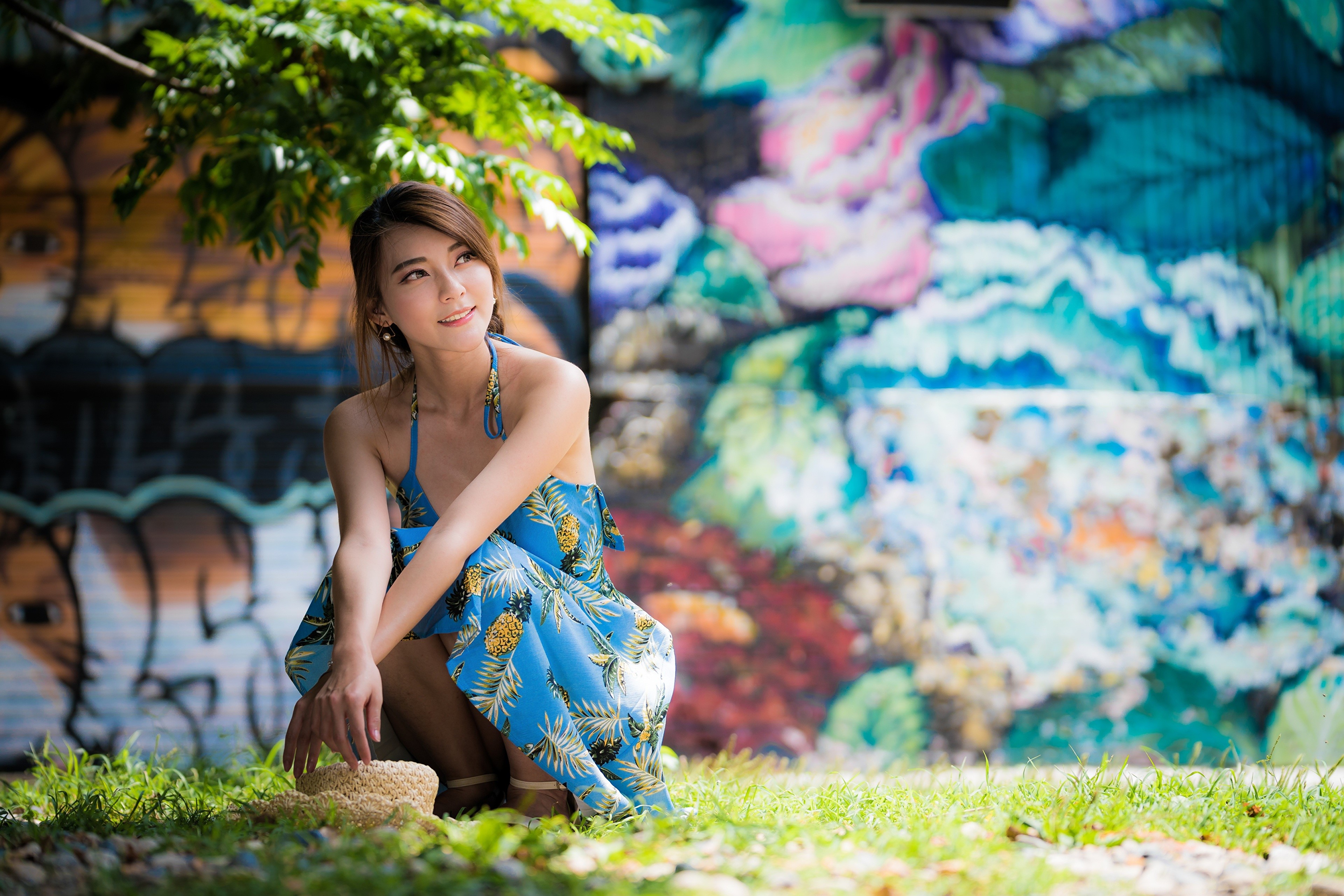 Asian Woman in Blue Dress Sitting on Grass 4K HD Wallpaper