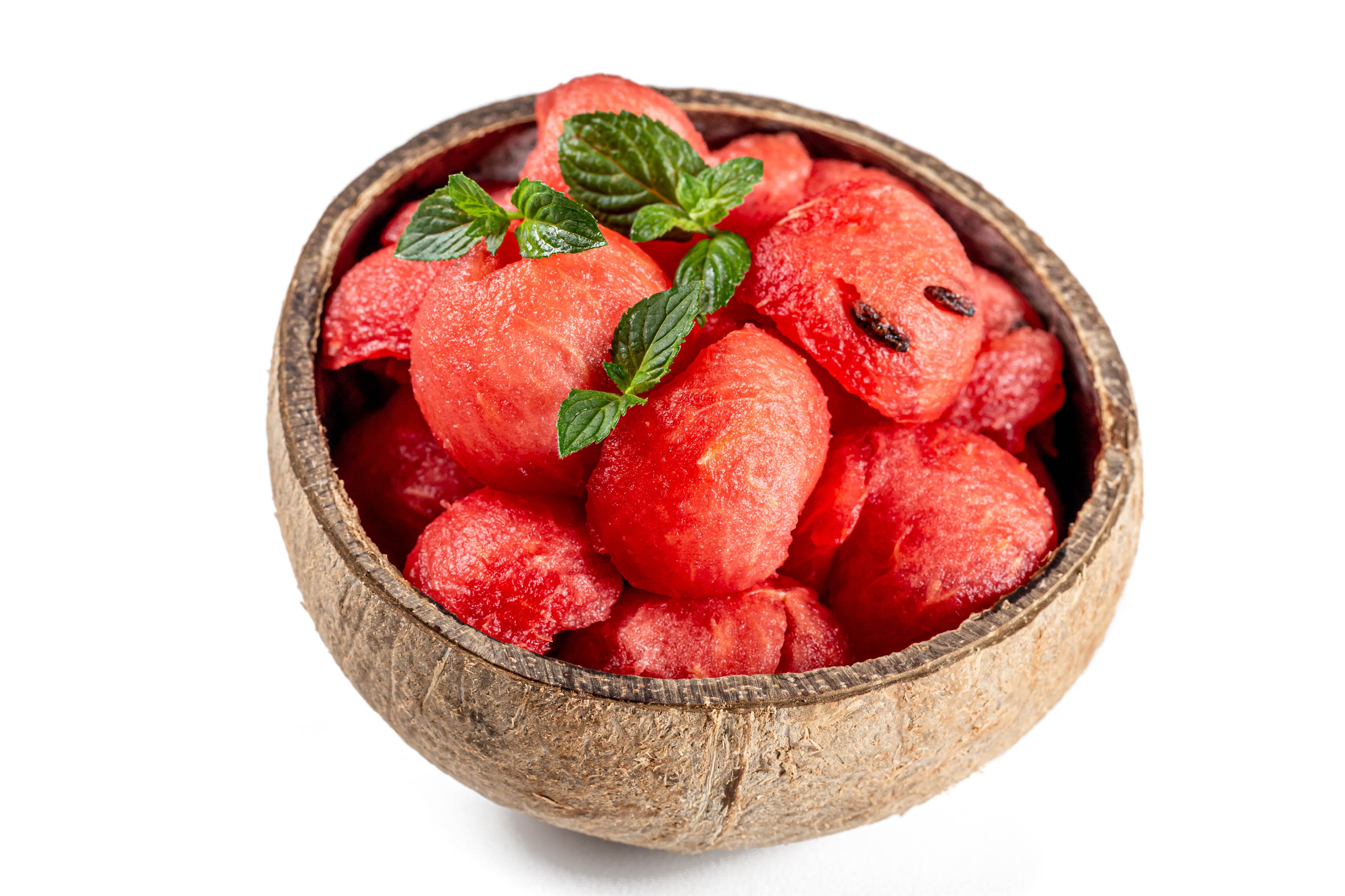 Watermelon balls with mint in a coconut bowl HD Wallpaper
