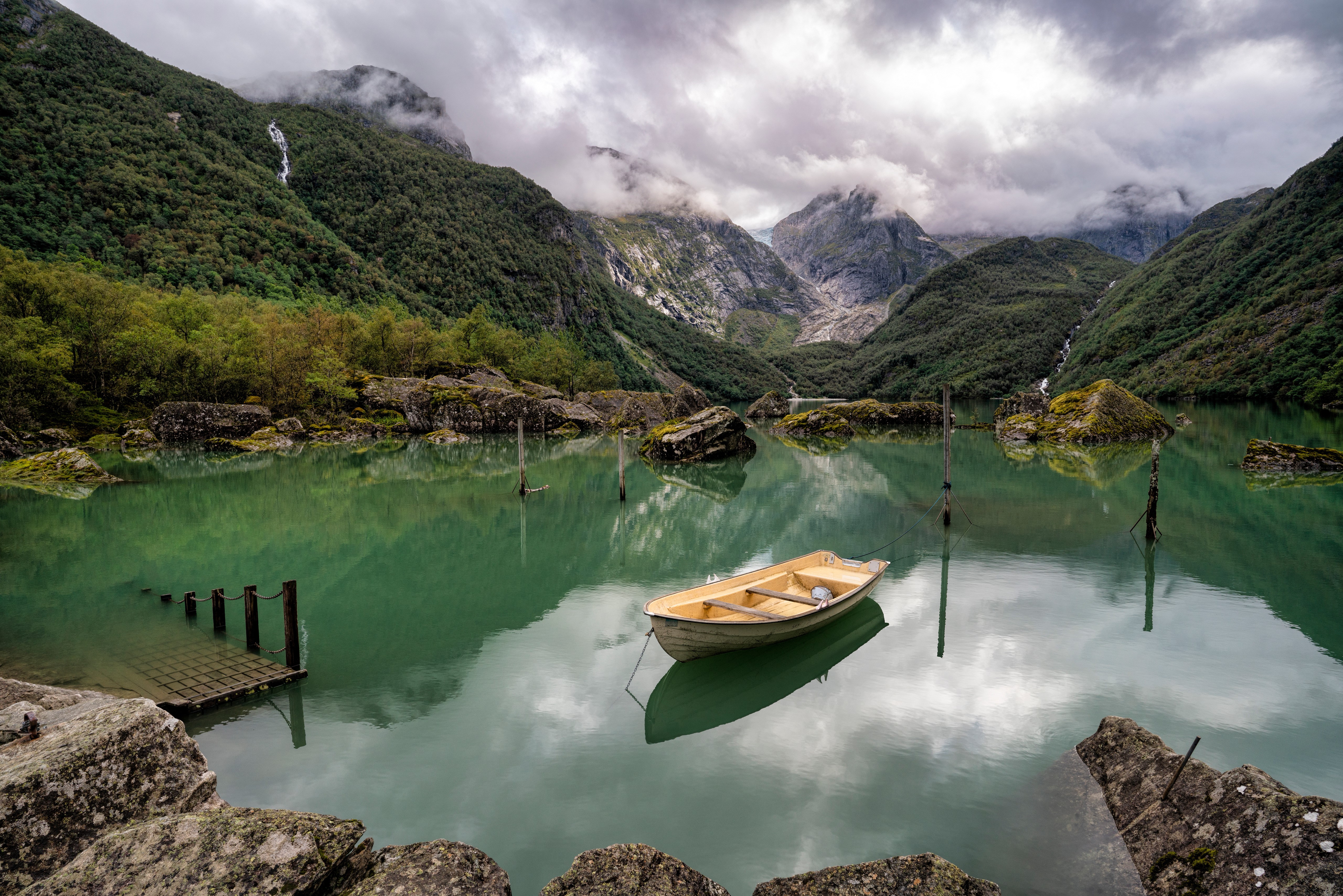 Boat on a lake in Folgefonna National Park, Norway HD Wallpaper