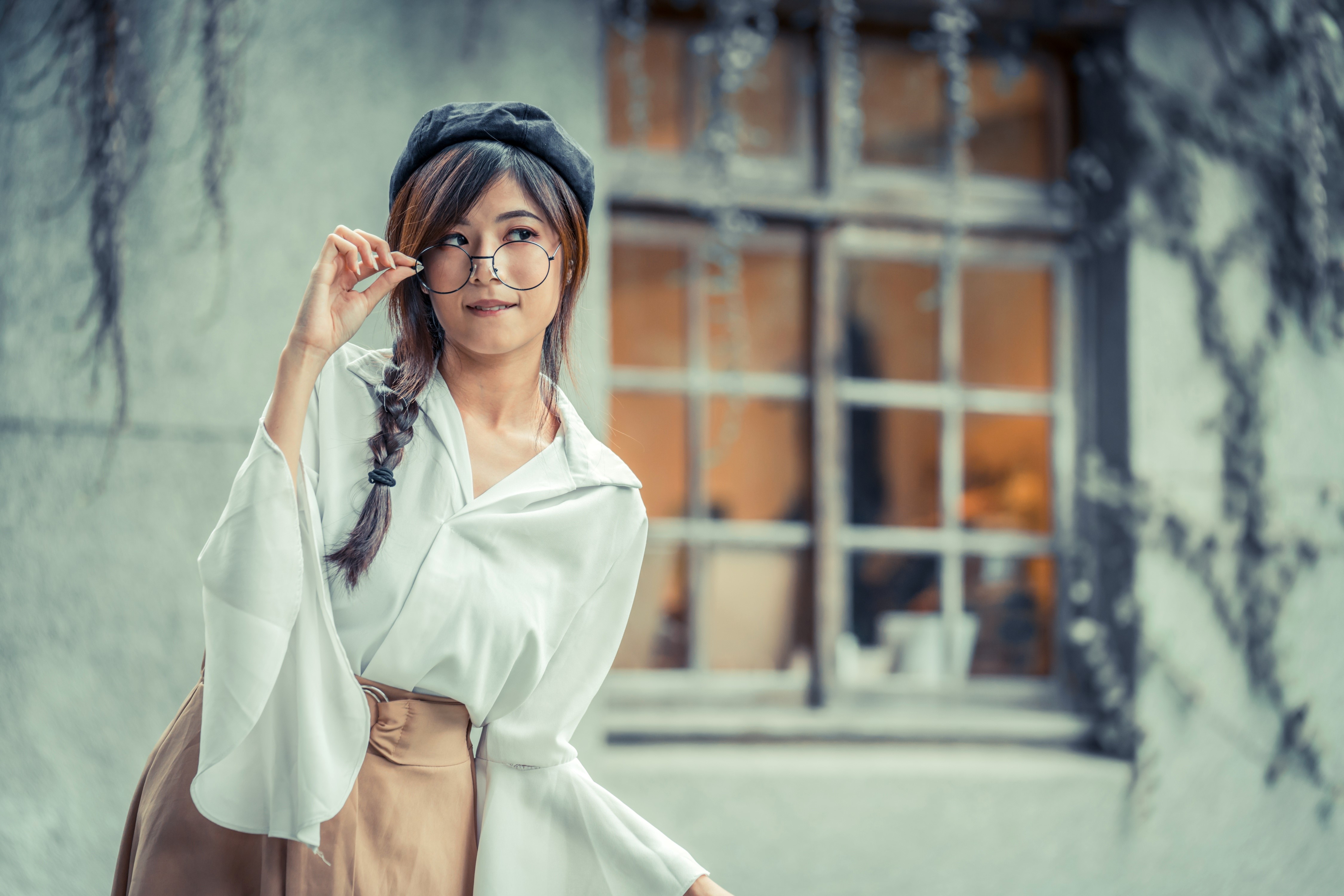 Asian woman with braid hair wearing beret and glasses HD Wallpaper