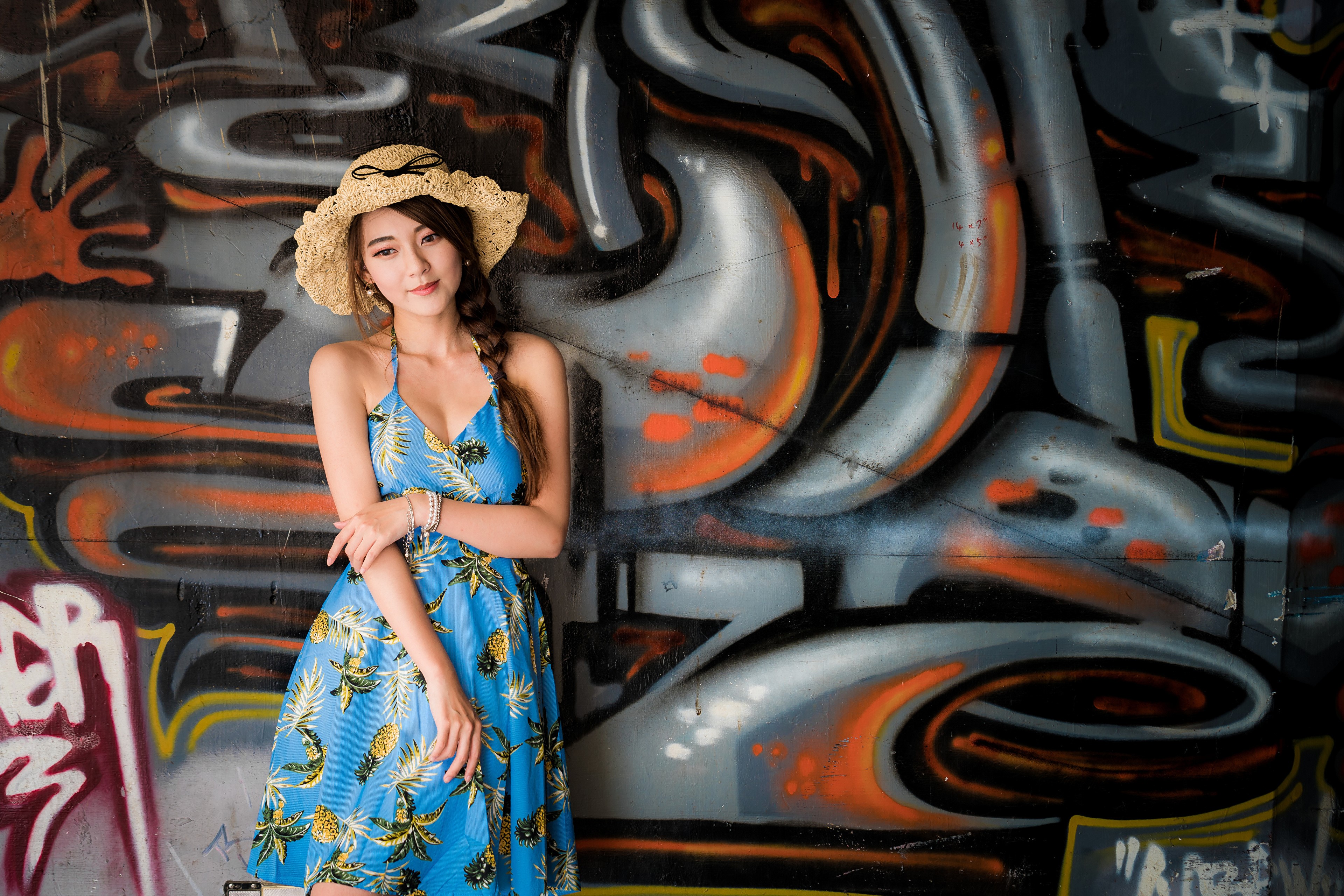 4K Asian Woman in Blue Dress with Graffiti HD Wallpaper