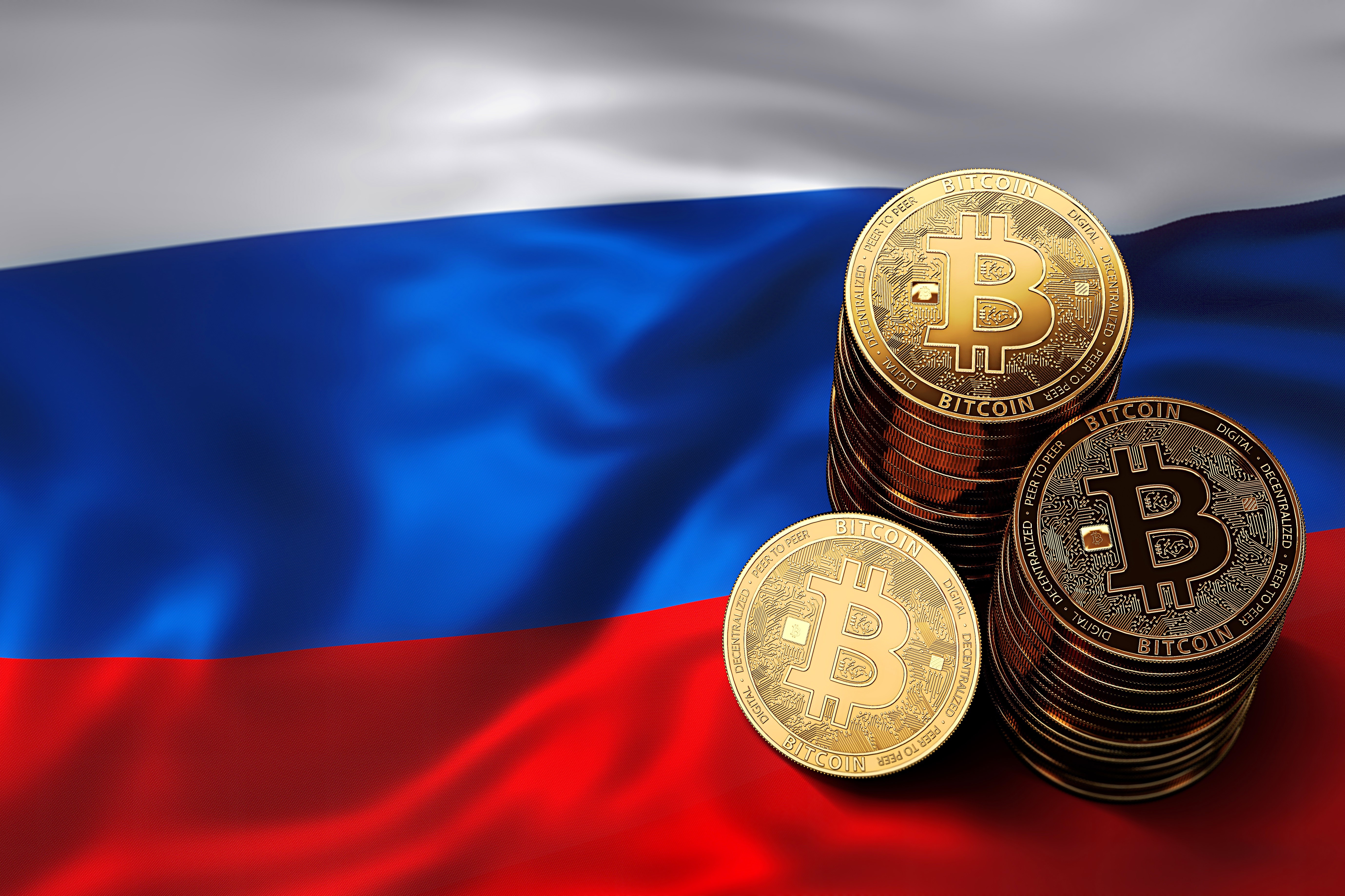 Bitcoin coins on Russian flag HD Wallpaper
