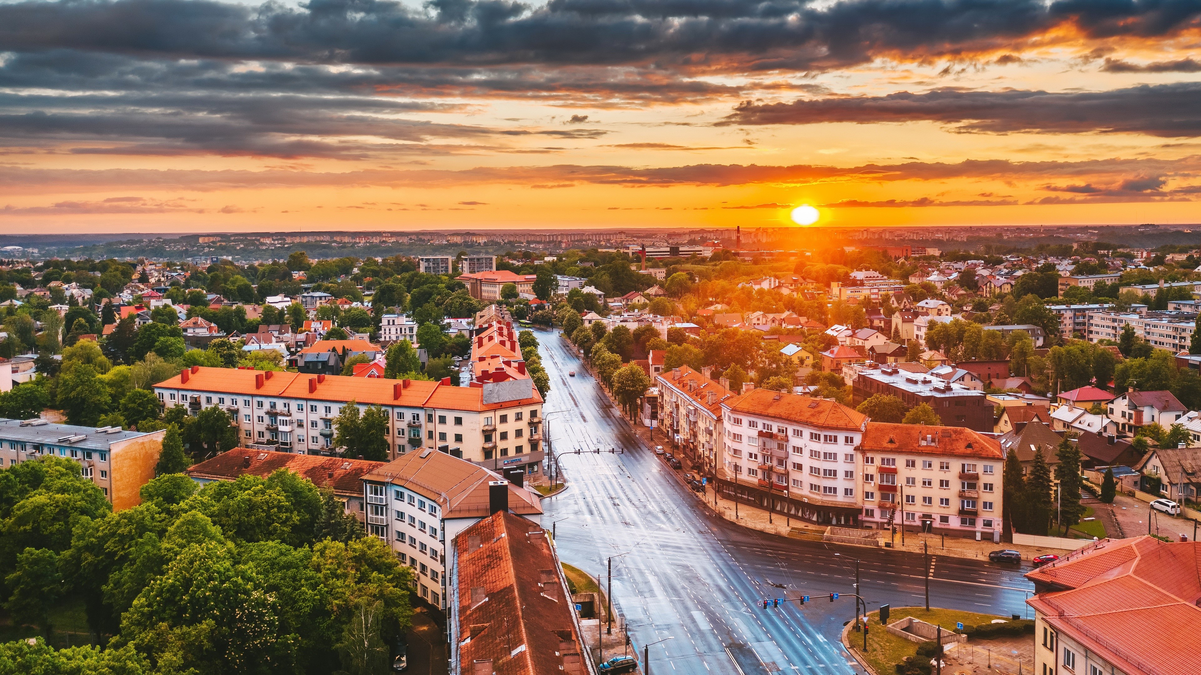 Aerial view of Kaunas, Lithuania at sunset HD Wallpaper