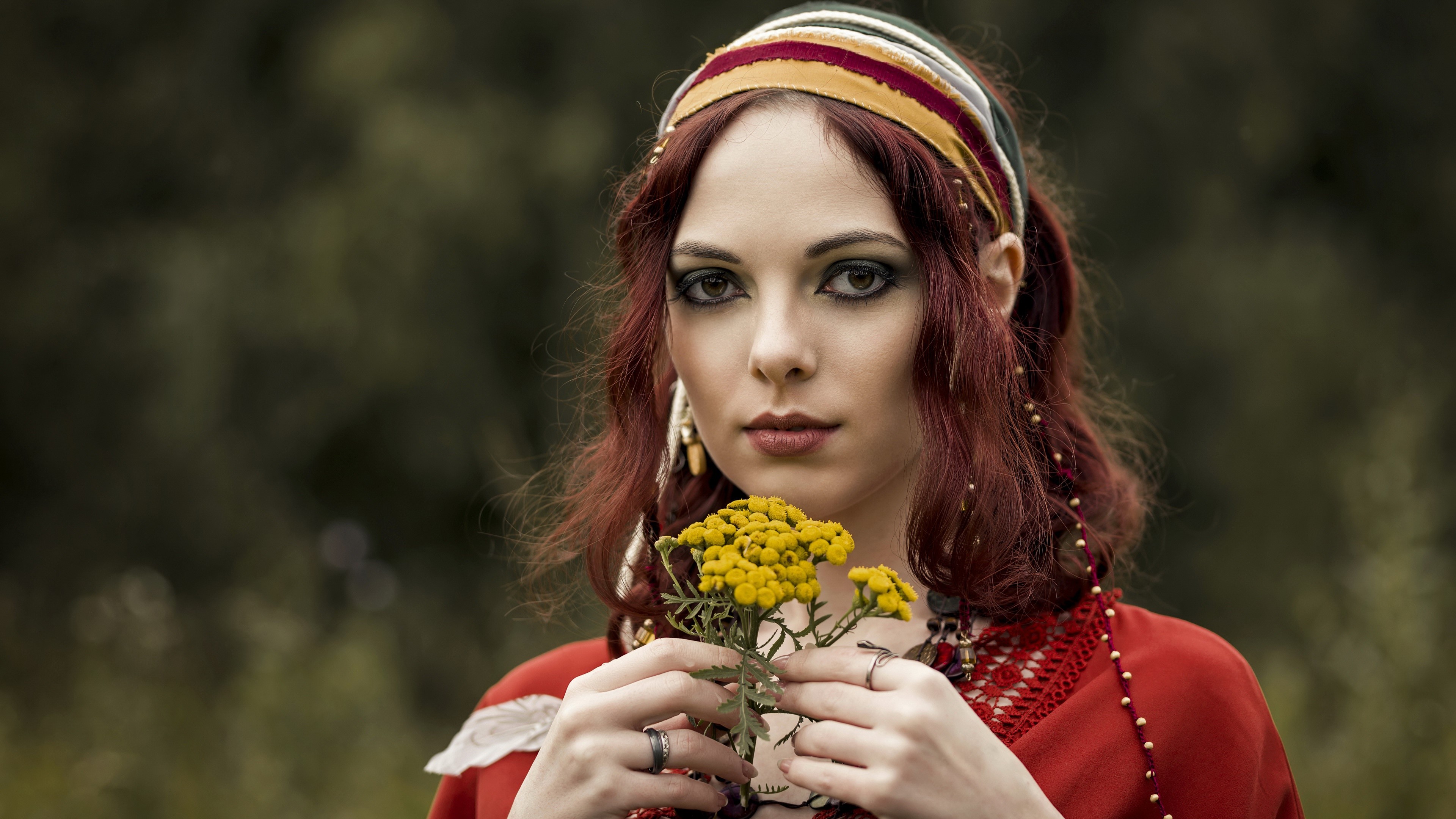 Redhead girl with yellow flowers and bandana HD Wallpaper